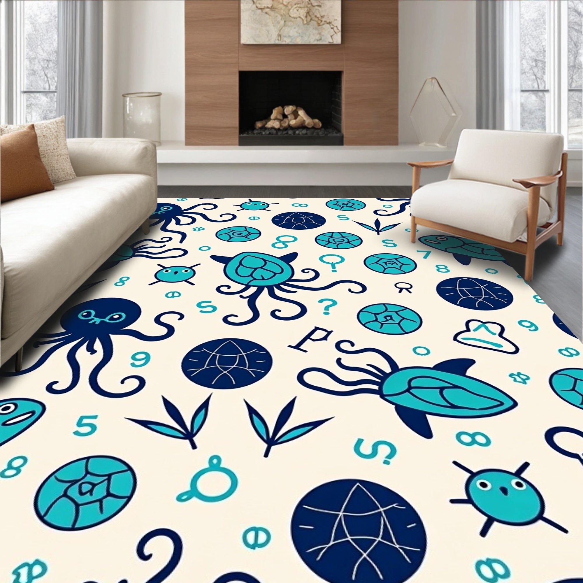 Oceanic Creatures Navy Teal Playful Cartoon Rug