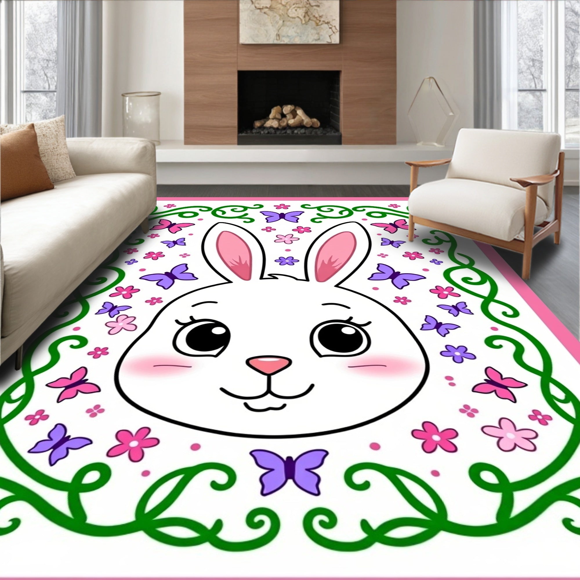 Whimsical Bunny Butterflies Pink Green Rug