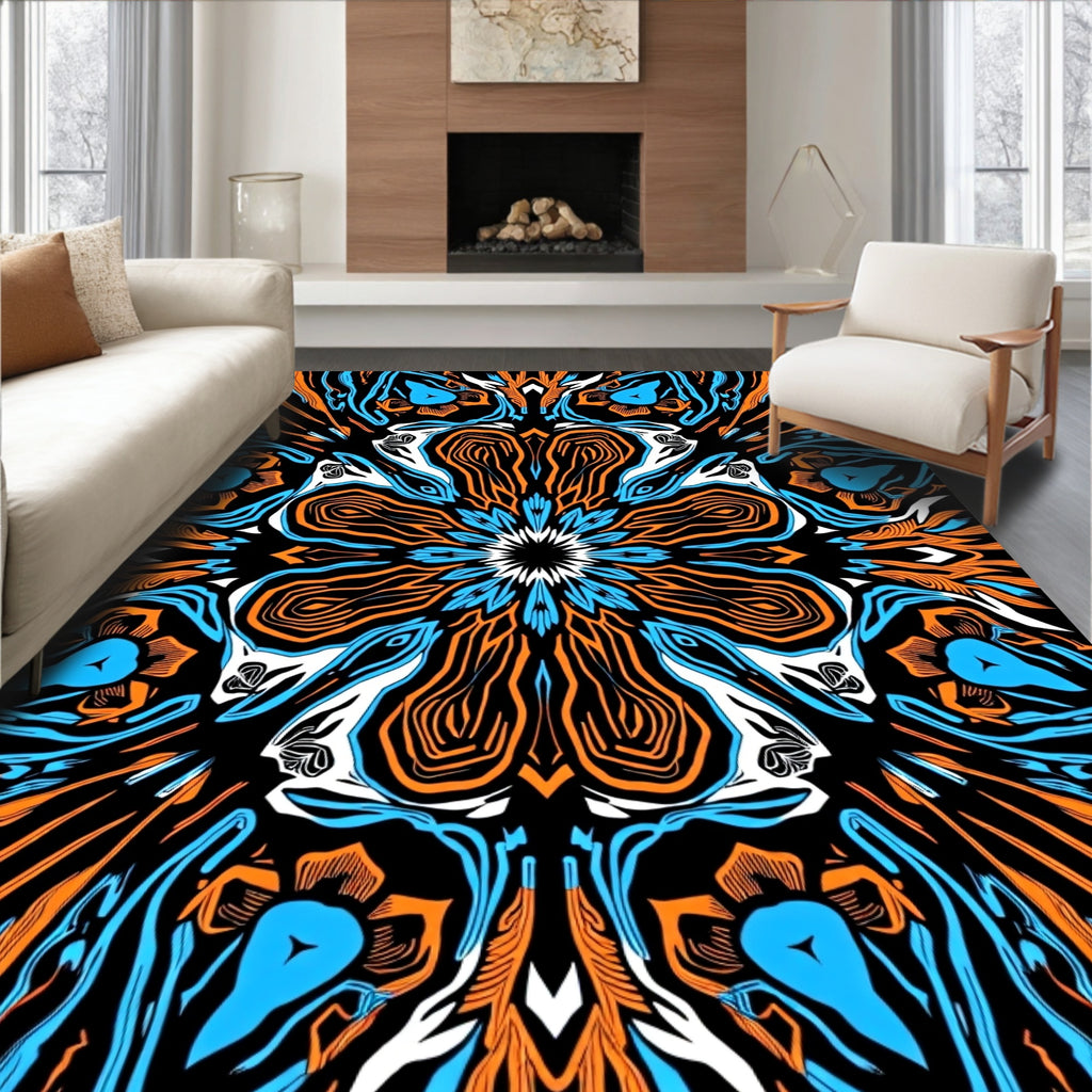 Electric Blue Orange Radial Burst Rug