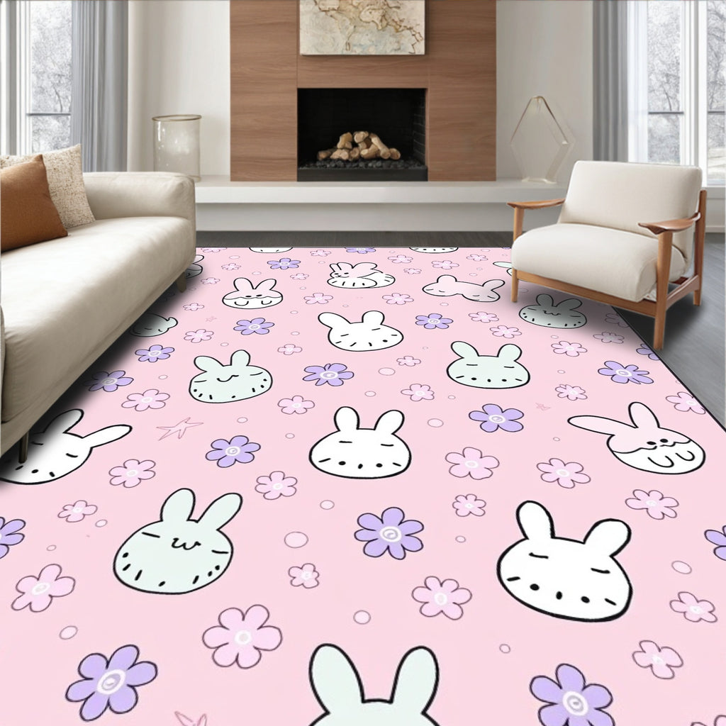 Cute Pink Bunny Flower Collage Rug