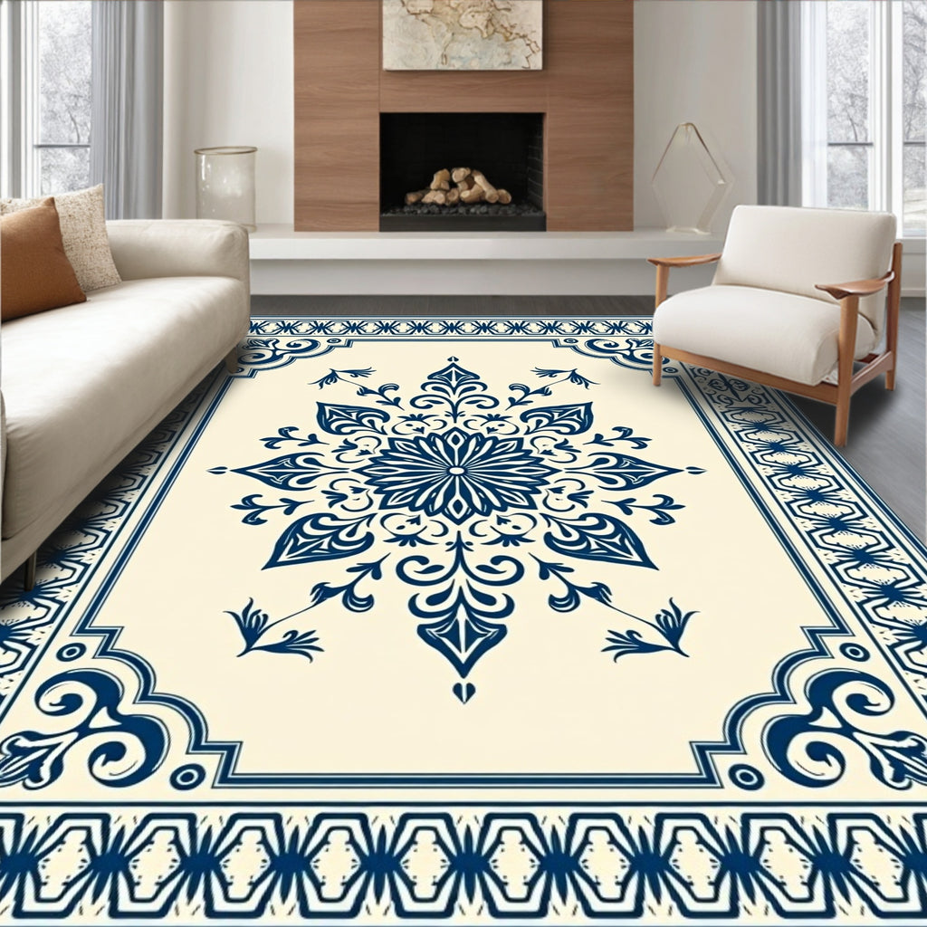 Classic Blue Floral Mandala Border Rug