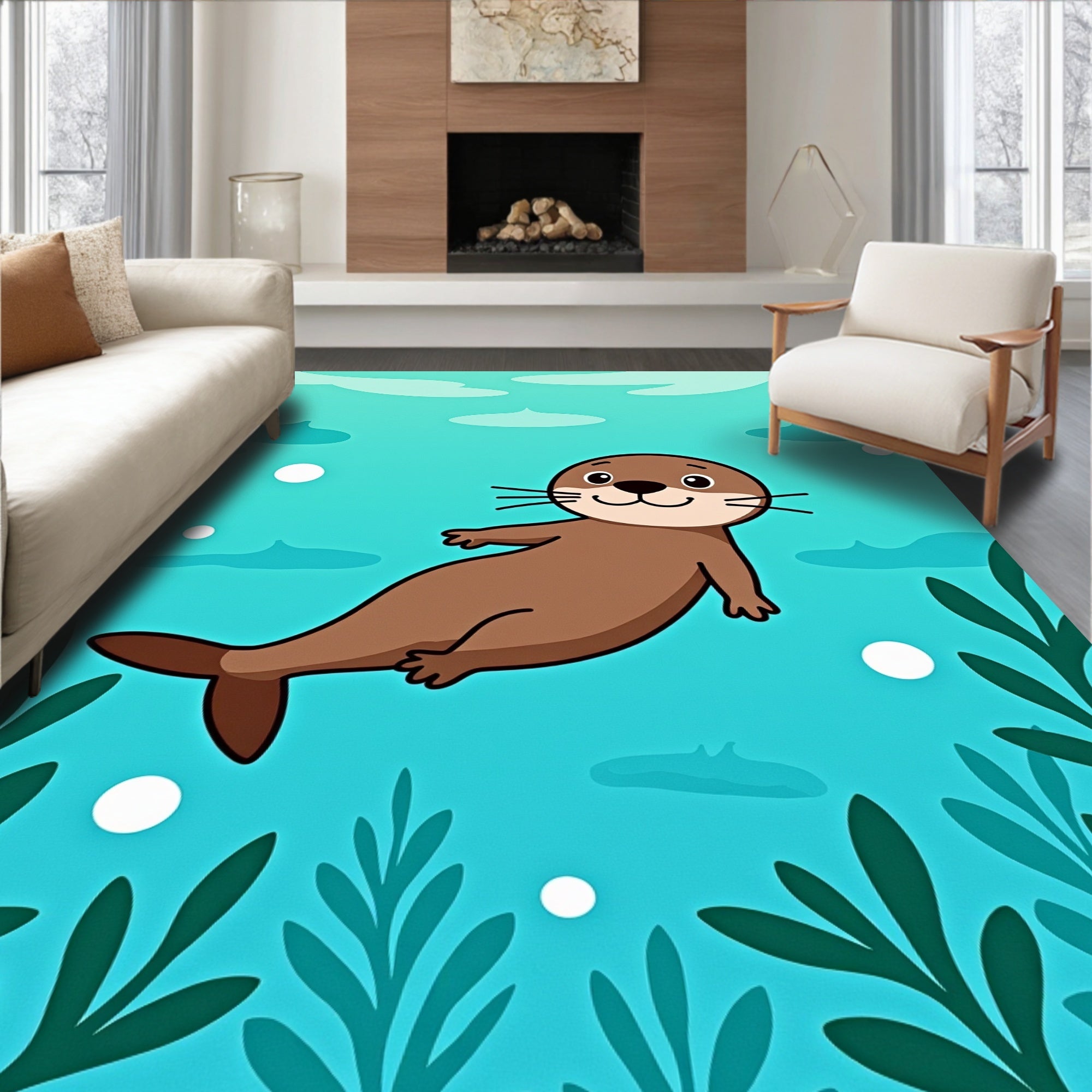 Playful Brown Otter Aqua Aquatic Scene Rug