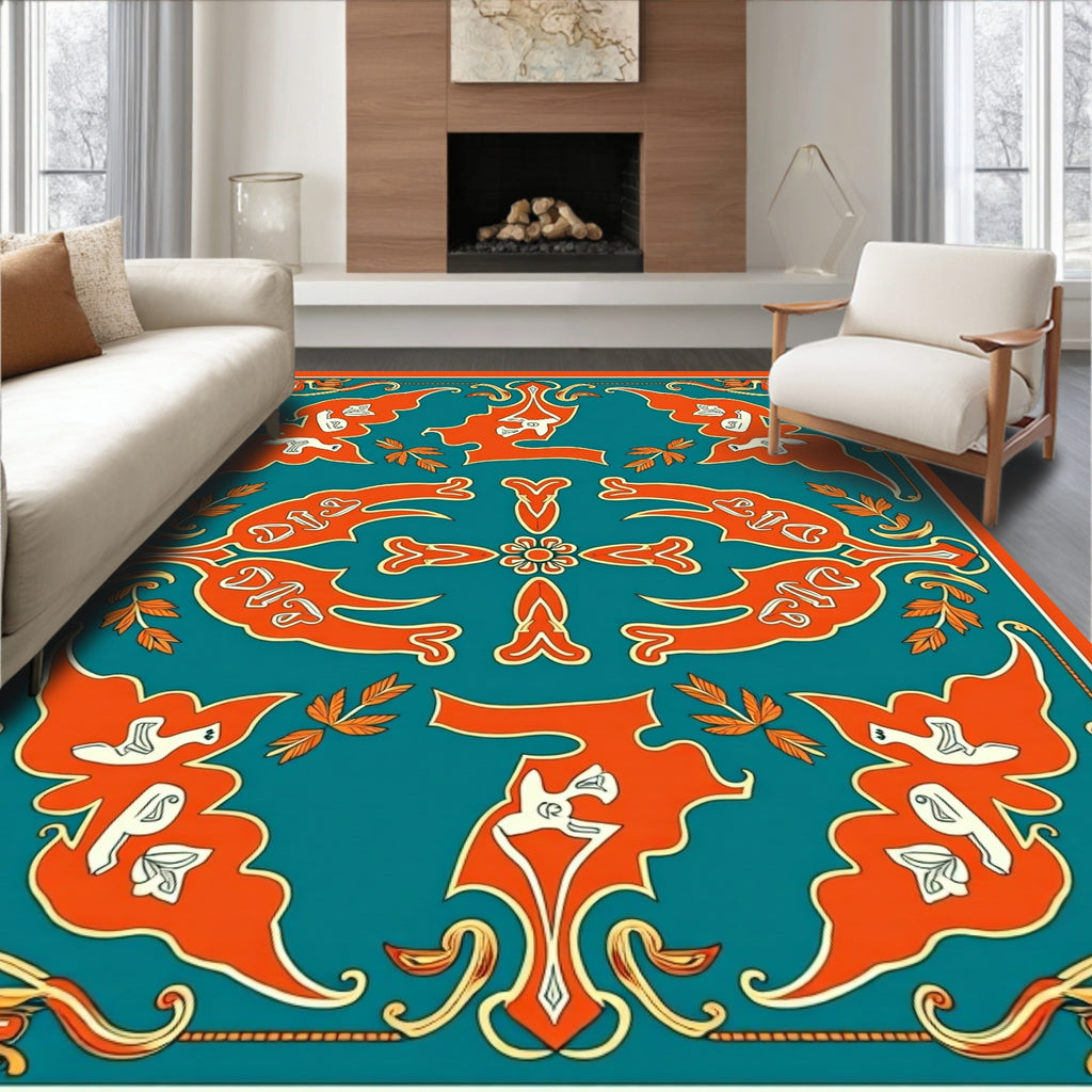 Teal Orange Floral Crested Birds Rug