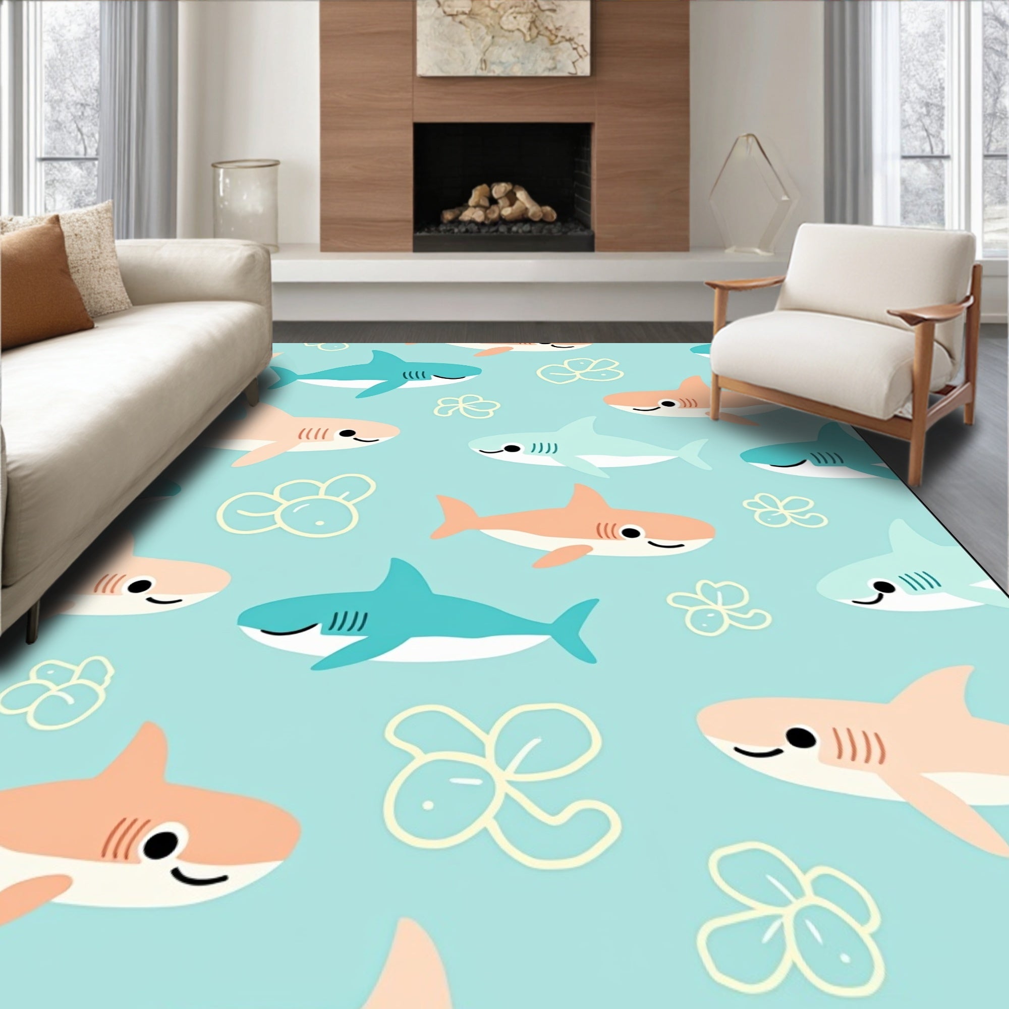 Whimsical Coral Teal Shark Duo Rug