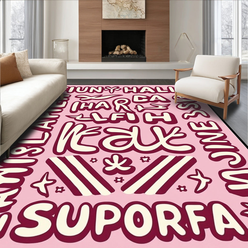 Pink Cream Retro Typographic Collage Rug