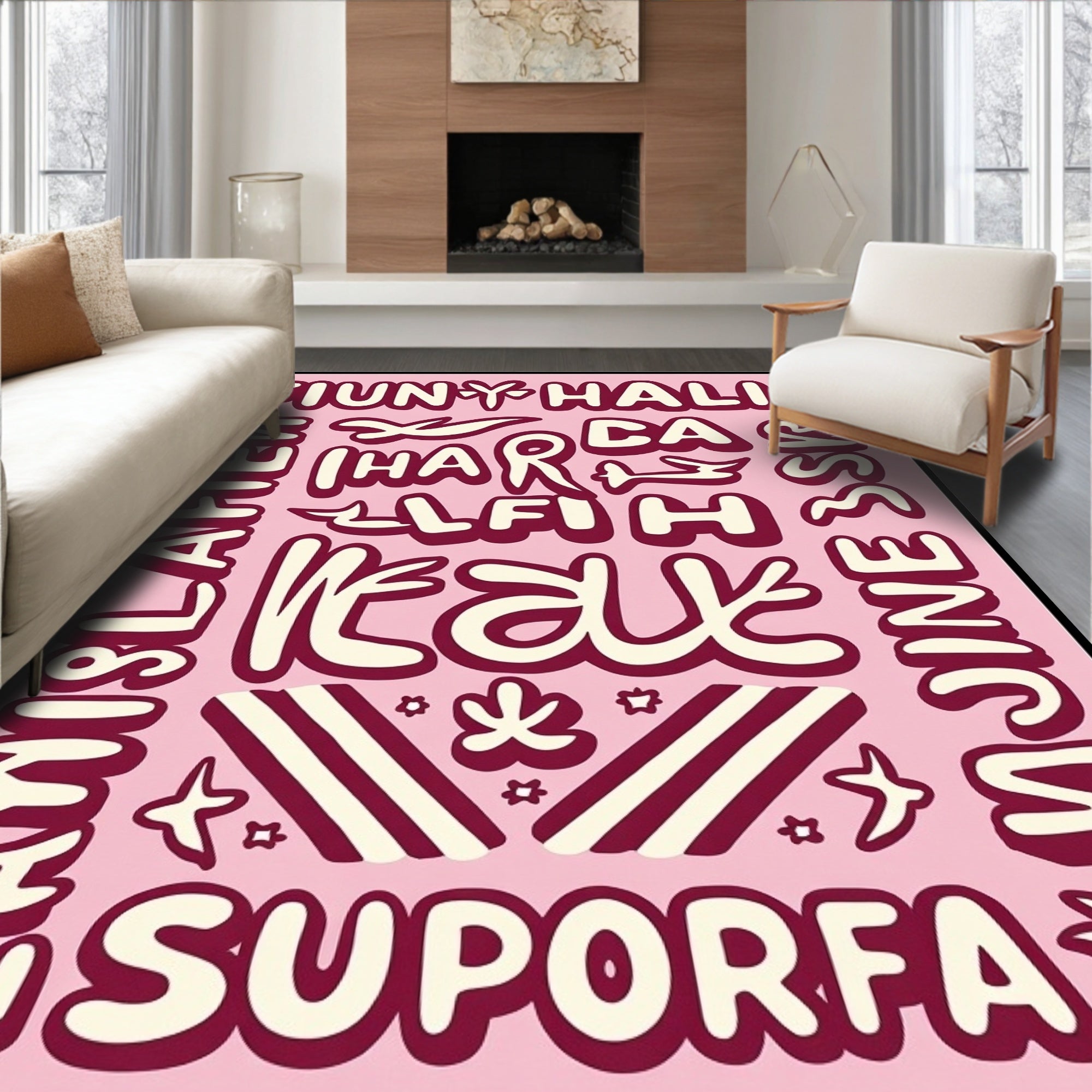 Pink Cream Retro Typographic Collage Rug