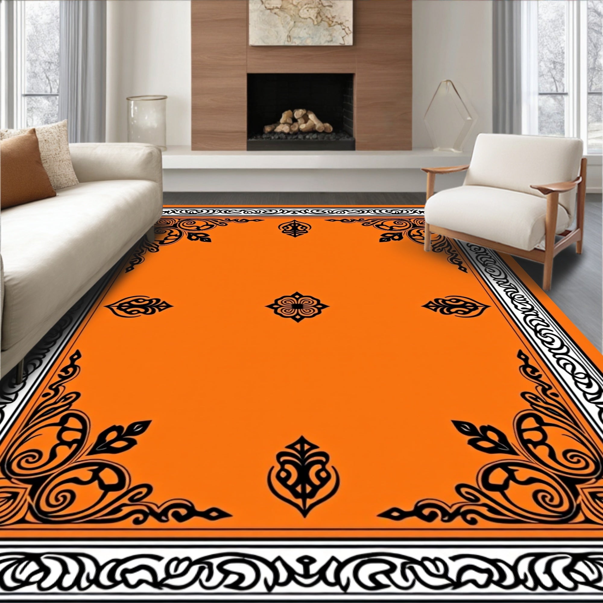 Vibrant Orange Black Scrollwork Border Rug