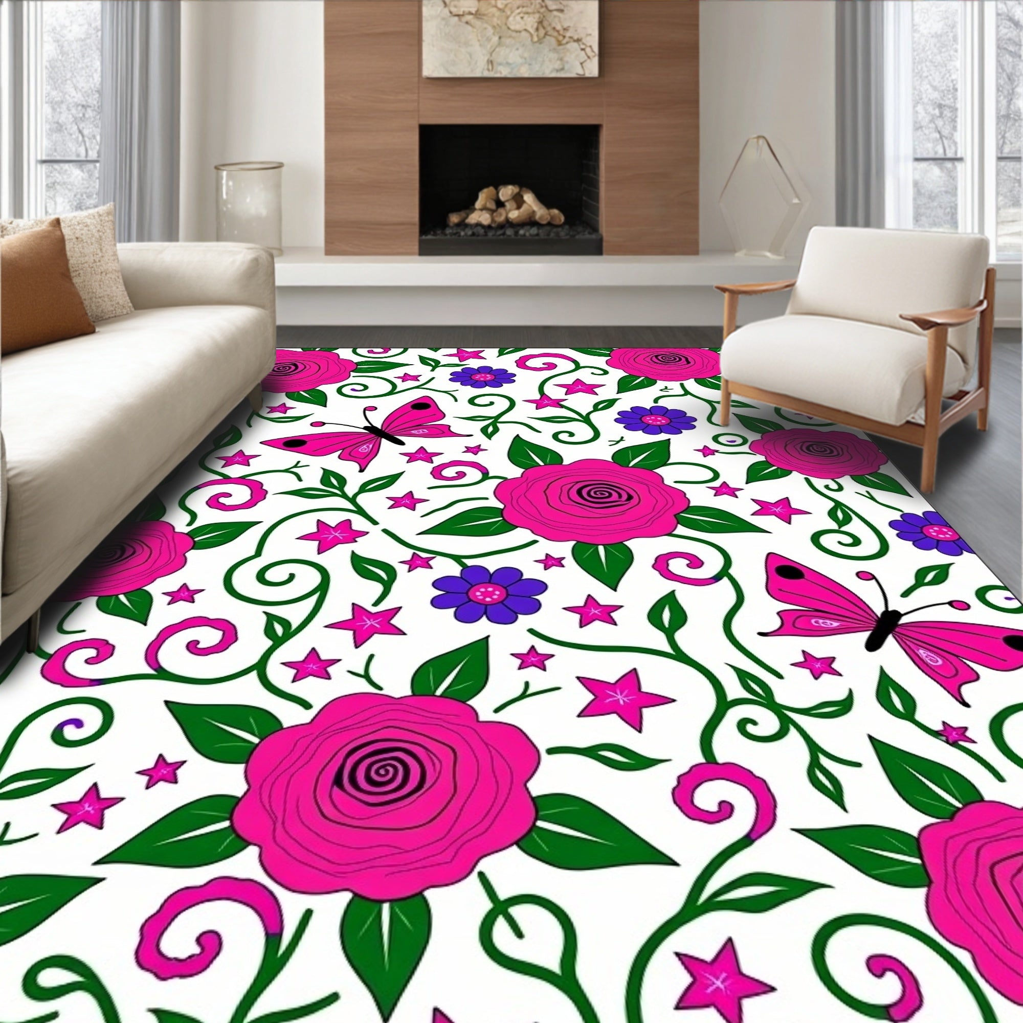 Pink Rose Butterfly Garden Swirl Rug