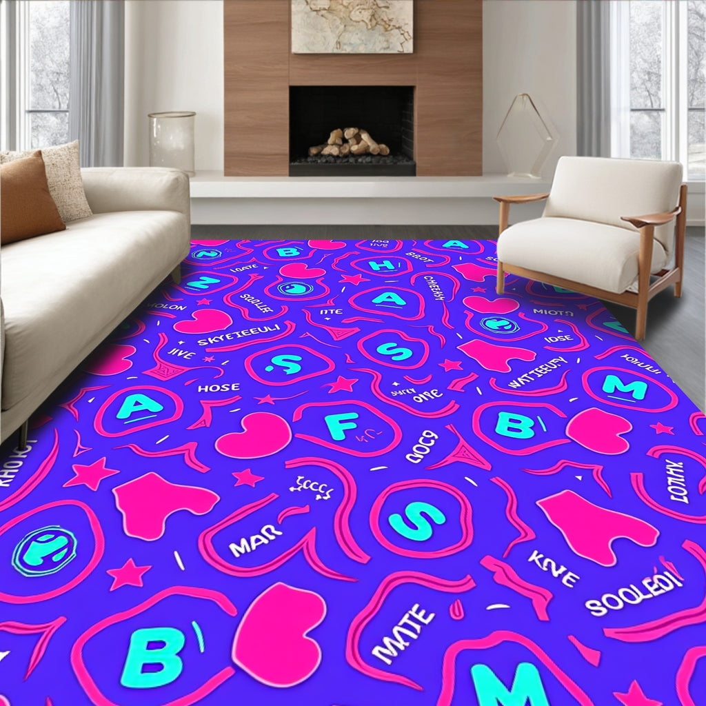 Abstract Pink Blue Alphabets Hearts Rug