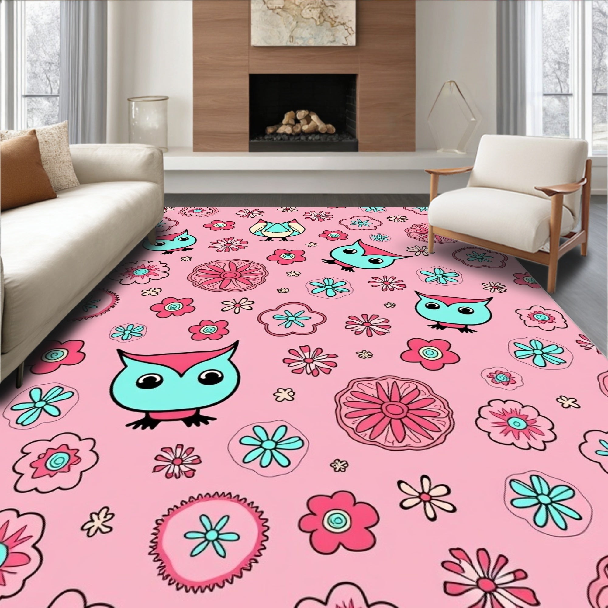 Cute Pink Owl Flower Garden Rug