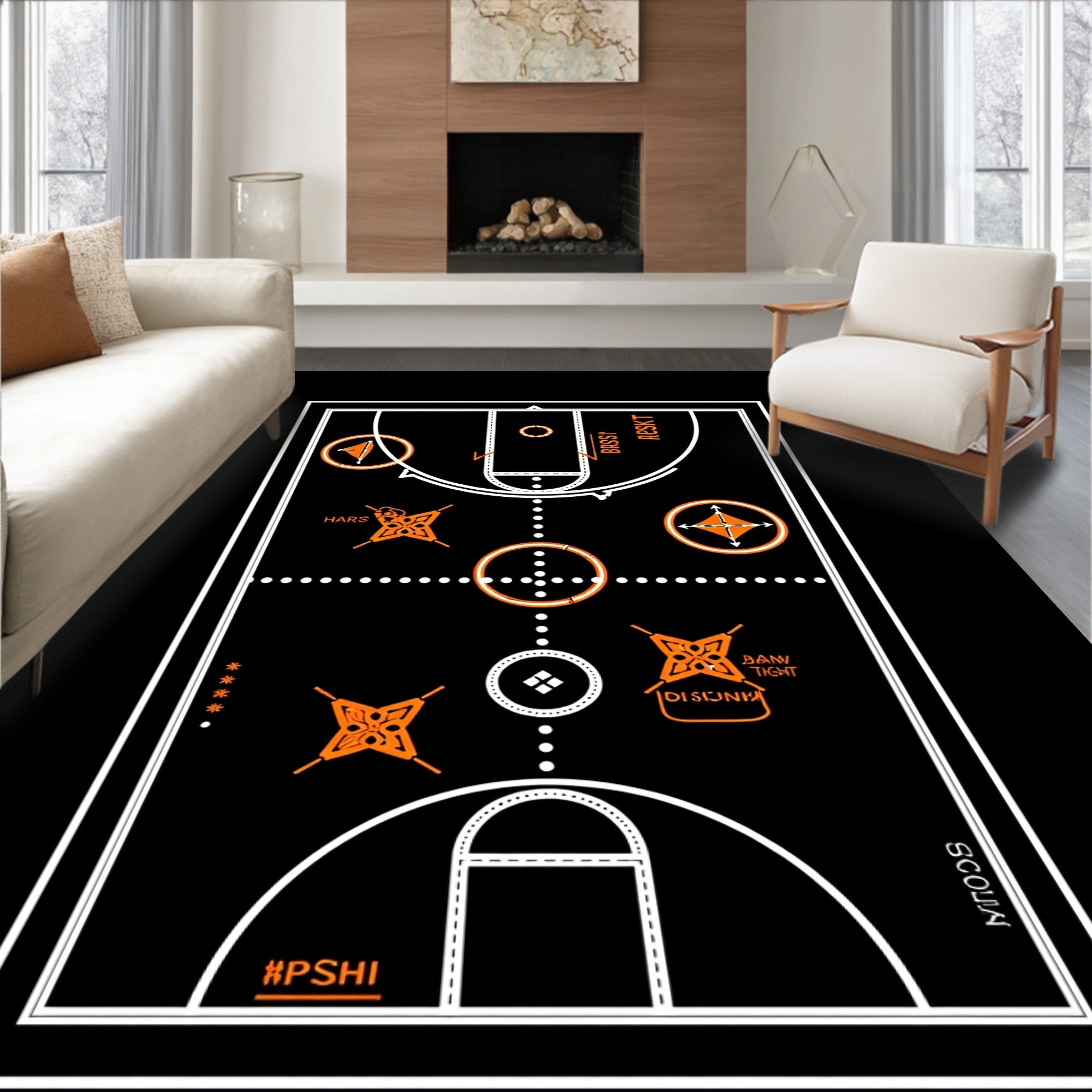 Black Orange Basketball Court Graphics Rug