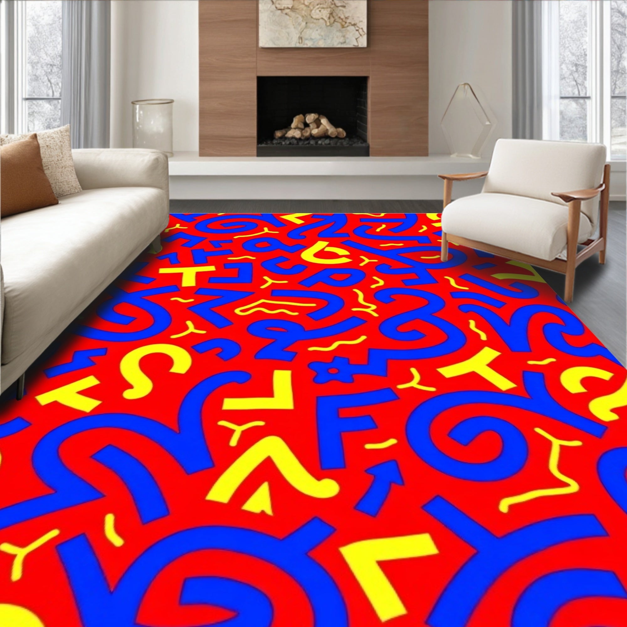 Retro Red Blue Yellow Abstract Shapes Rug