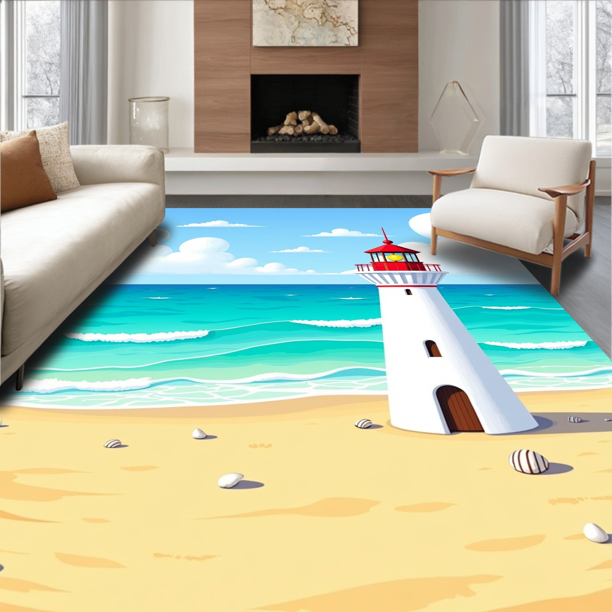 Coastal Lighthouse Wave Beach Scene Rug