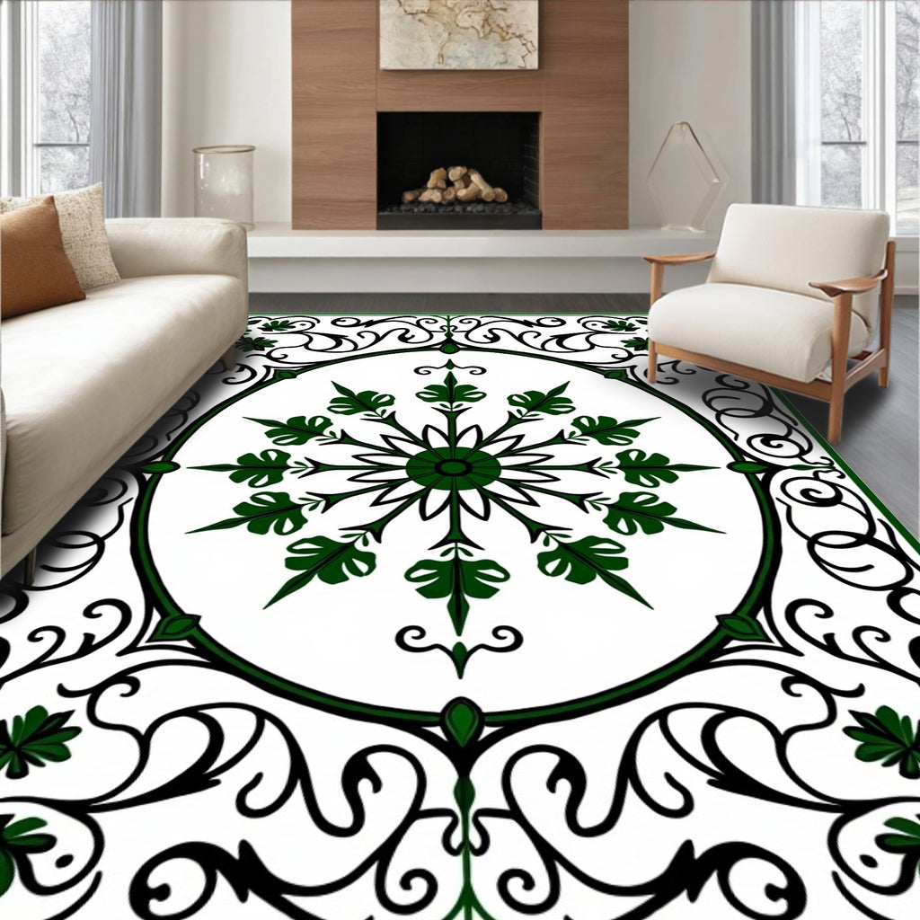 Earthy Forest Green Scrollwork Medallion Rug