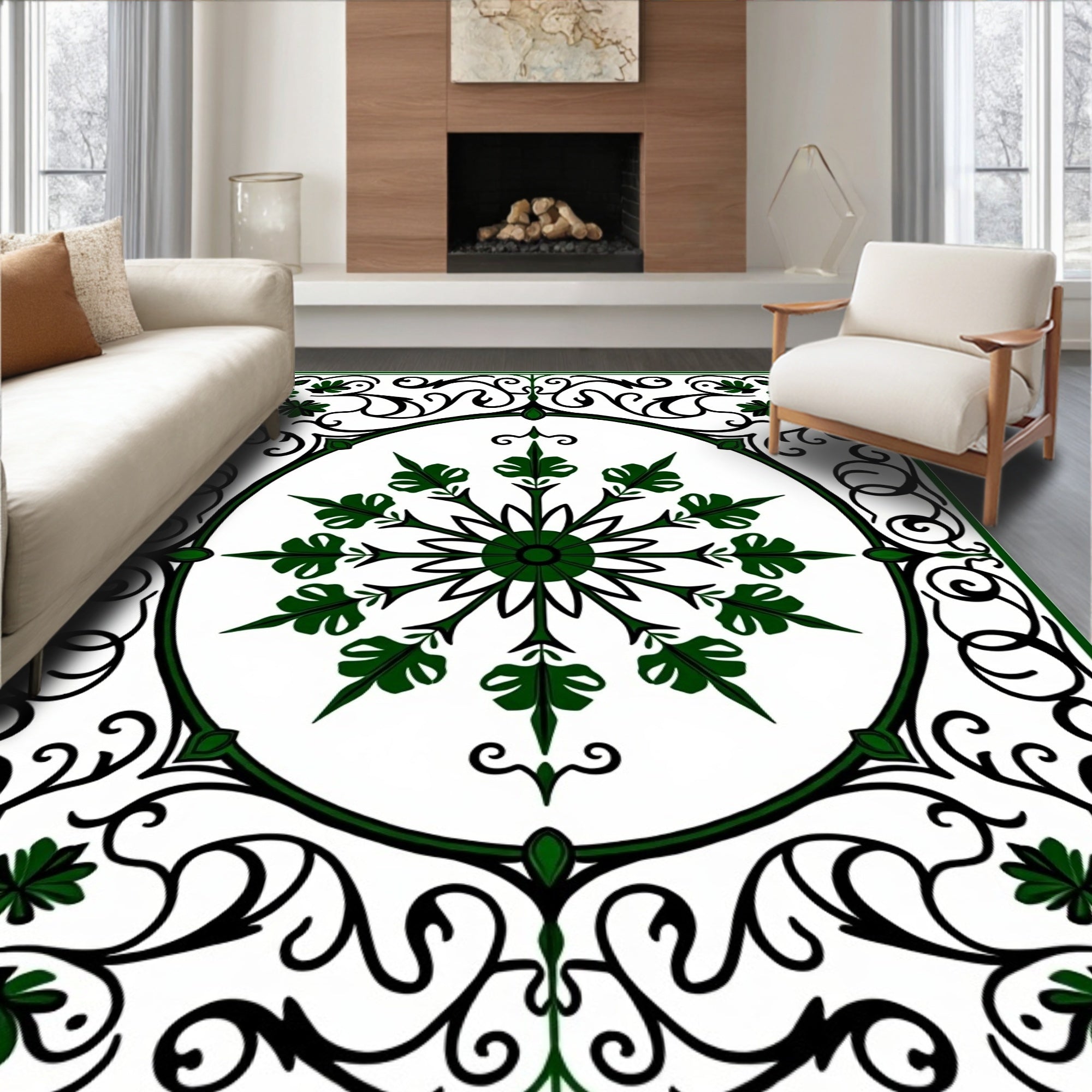 Earthy Forest Green Scrollwork Medallion Rug