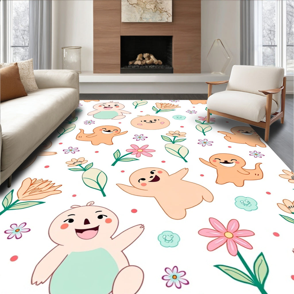 Happy Characters and Floral Scatter Rug