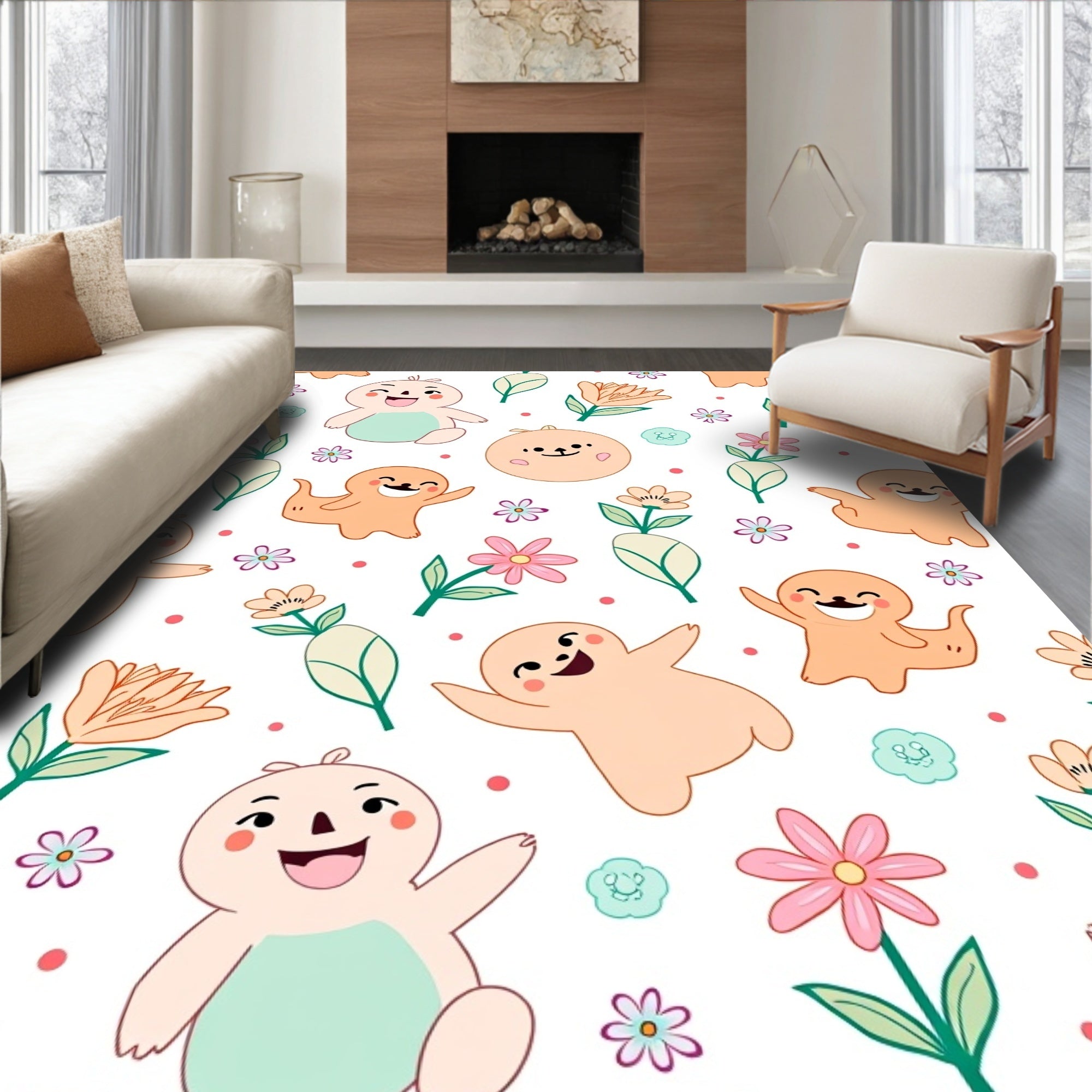 Happy Characters and Floral Scatter Rug