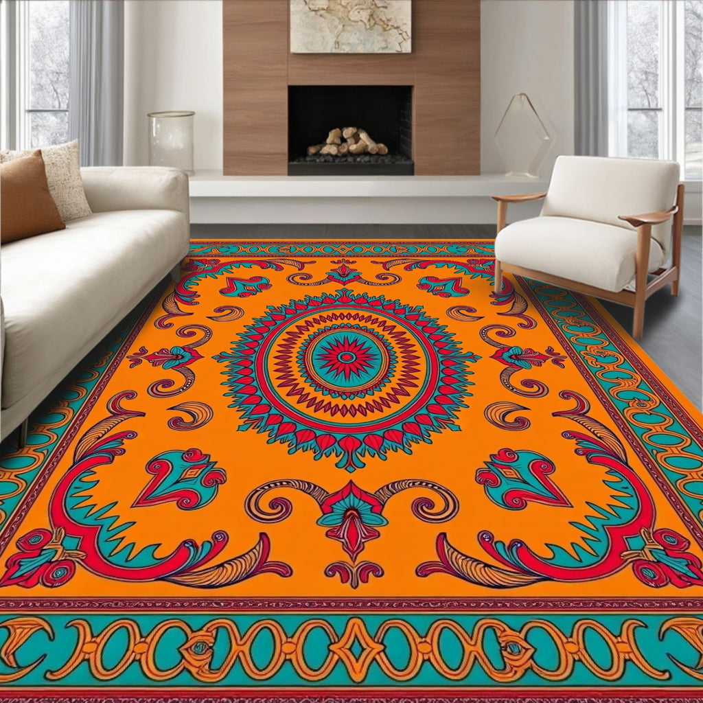 Vibrant Orange Floral Medallion Border Rug