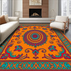 Vibrant Orange Floral Medallion Border Rug