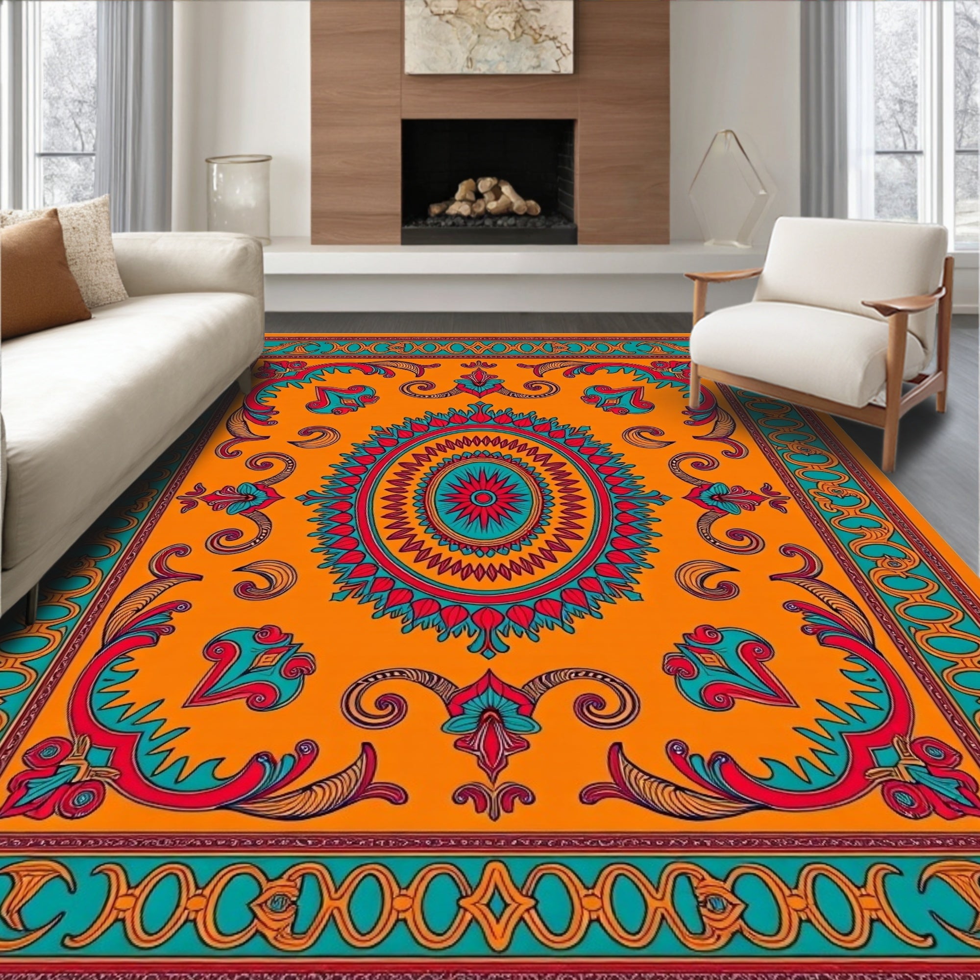 Vibrant Orange Floral Medallion Border Rug