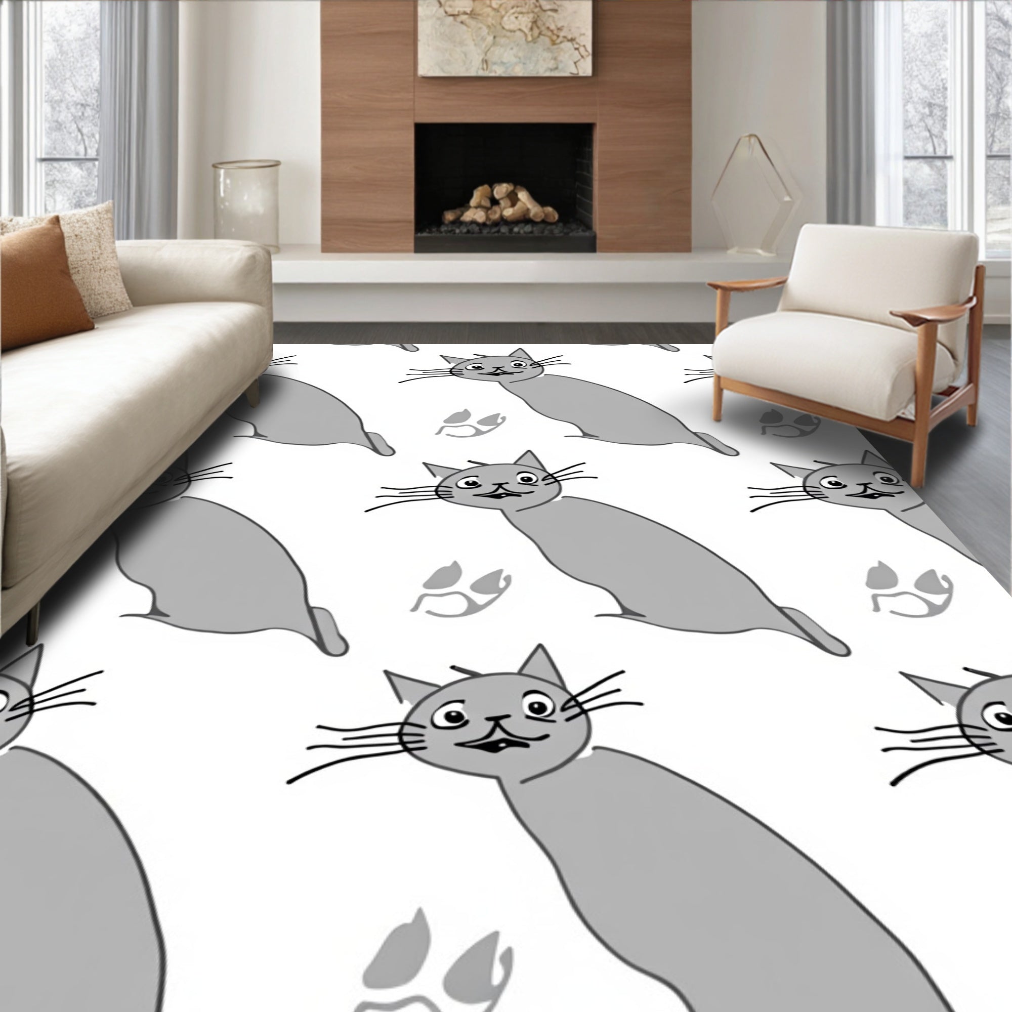 Playful Grey Cats Paw Prints Rug