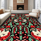 Black Red Green Folk Faces Ferns Rug