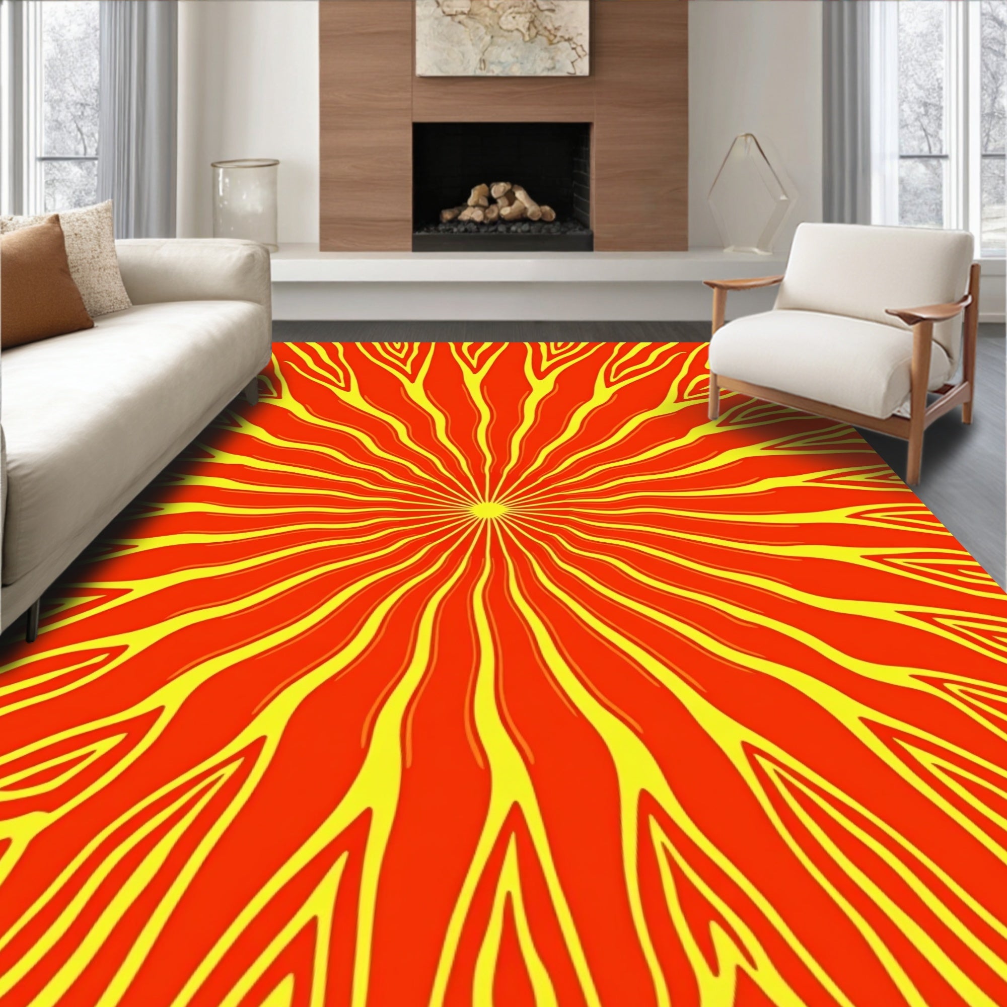 Vibrant Orange Yellow Sunburst Rays Rug