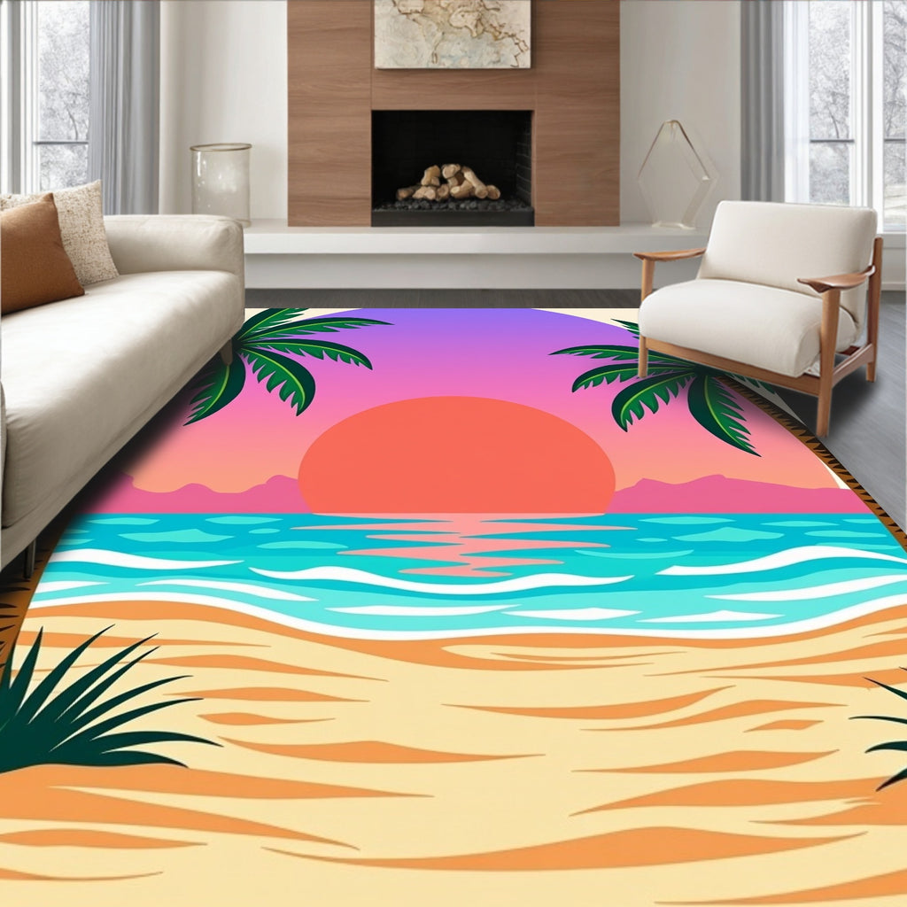 Tropical Sunset Palm Trees Ocean Beach Rug