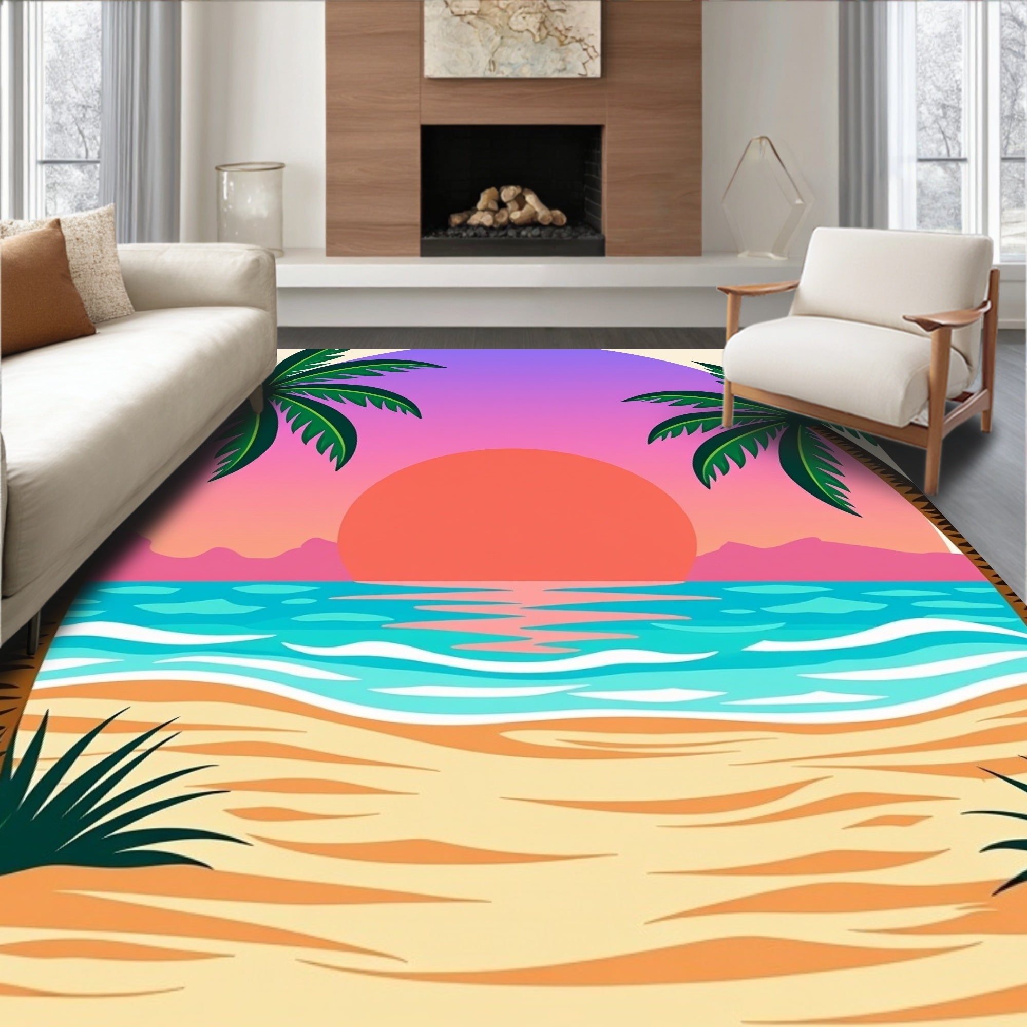 Tropical Sunset Palm Trees Ocean Beach Rug