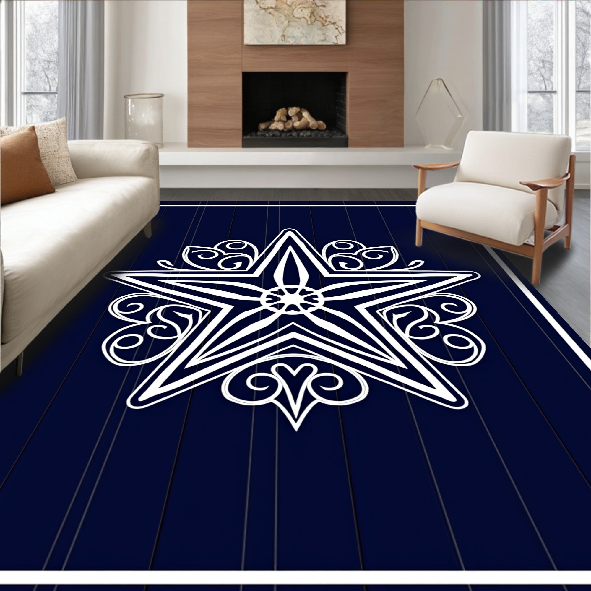 White Ornate Starburst Navy Rug