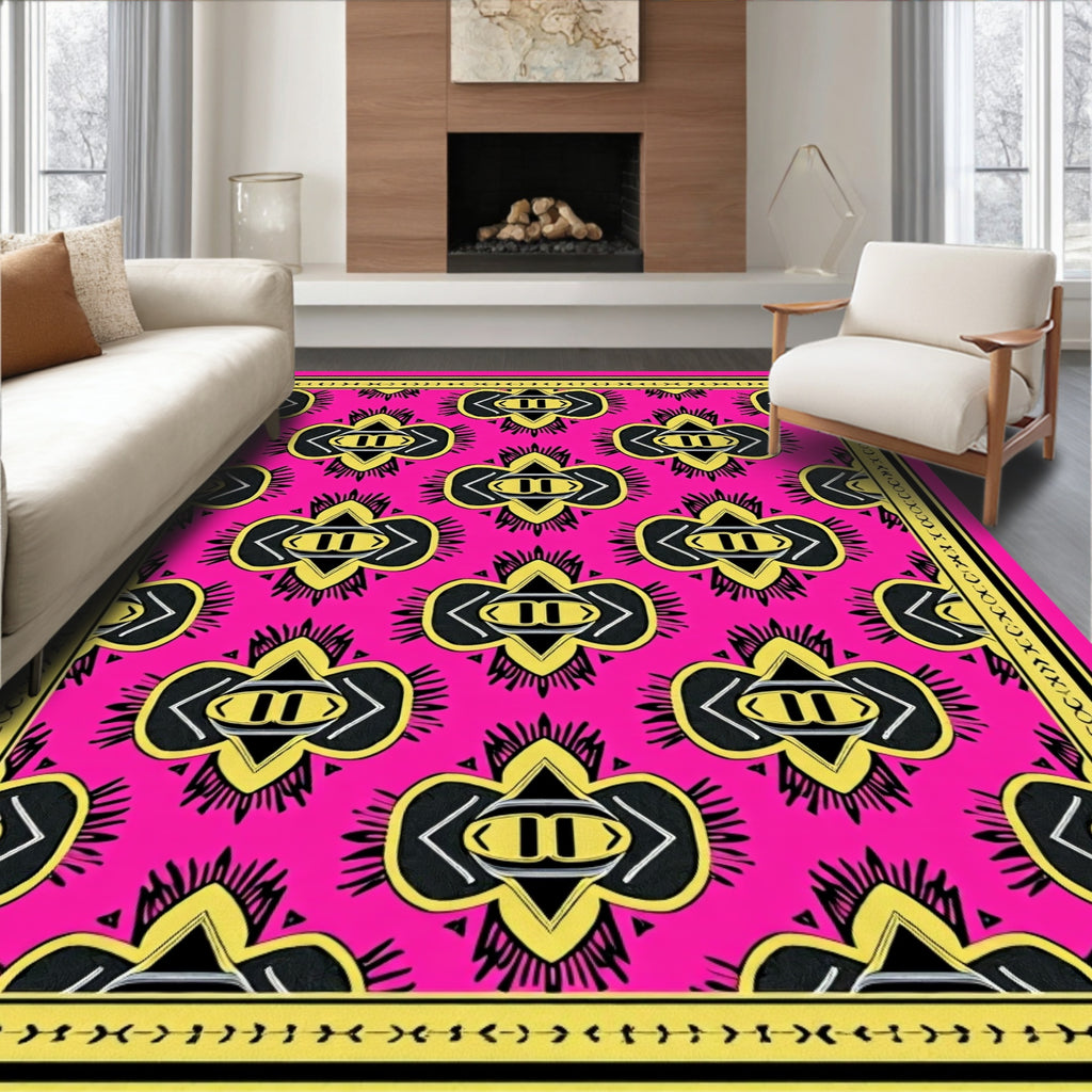 Vibrant Pink Yellow Tribal Medallions Rug