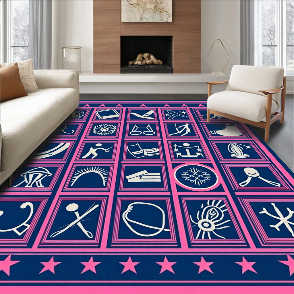 Navy Pink Icon Grid Collage Rug