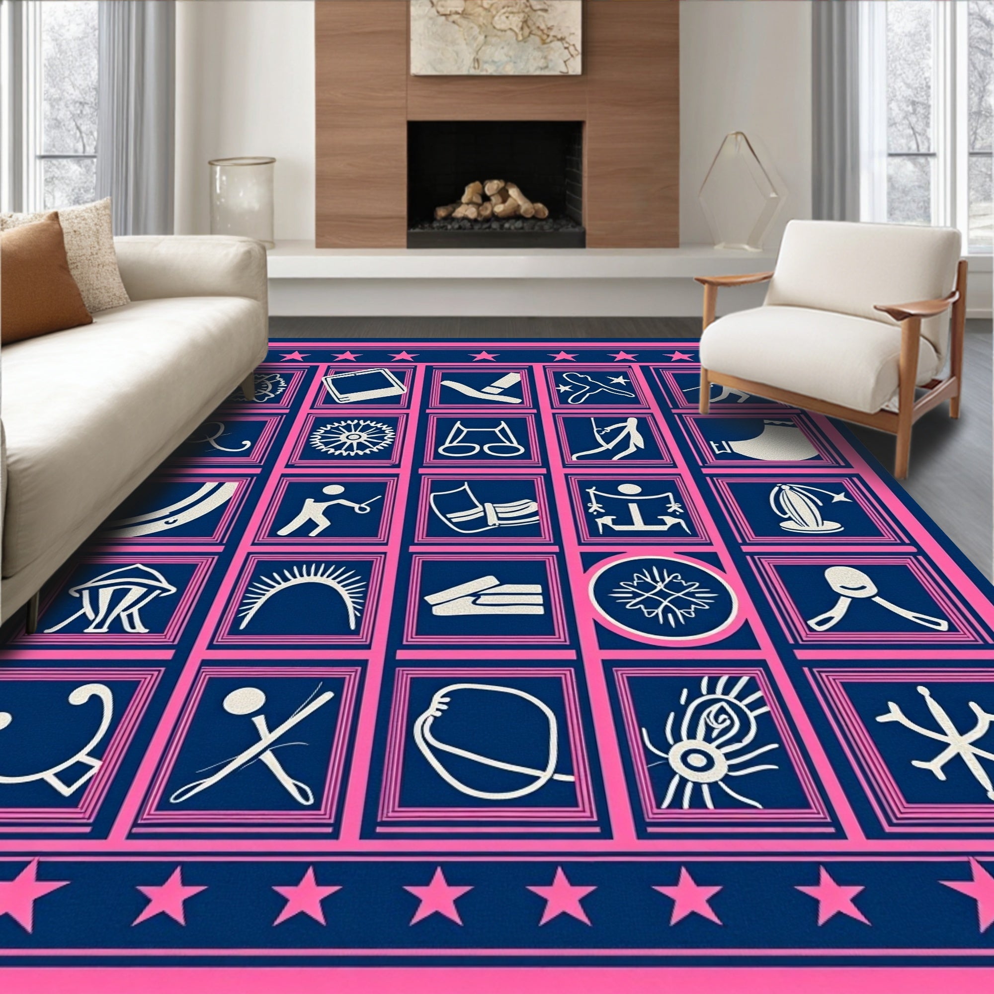 Navy Pink Icon Grid Collage Rug