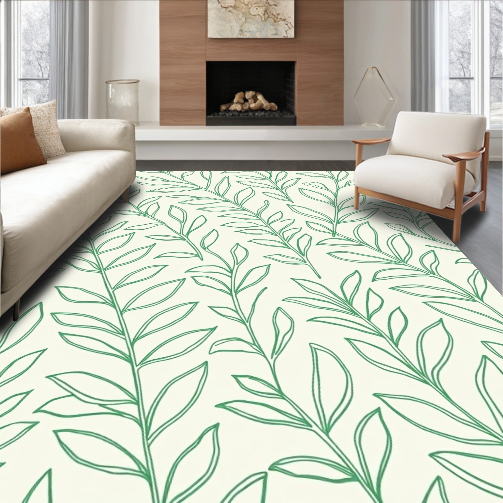 Green Leafy Branches Repeating Pattern Rug