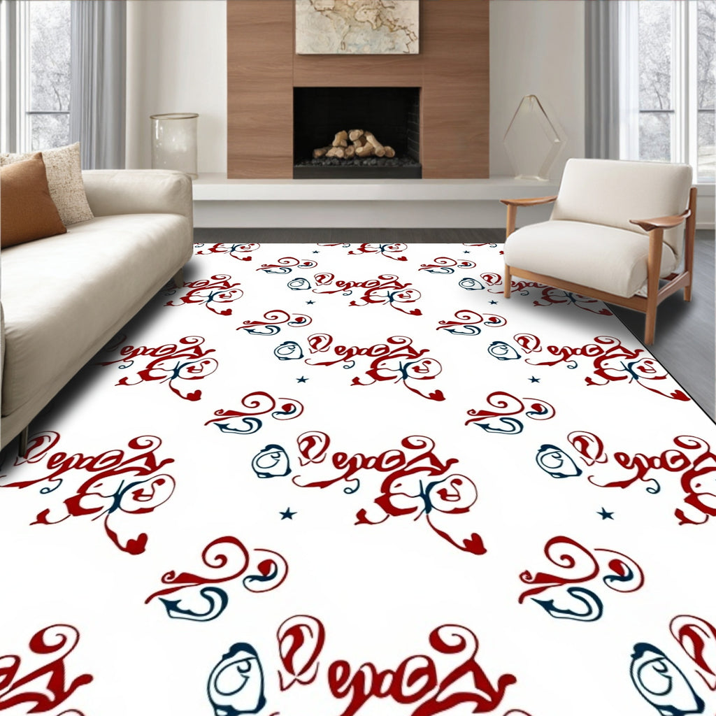 Red Blue Swirl Abstract Calligraphy Rug