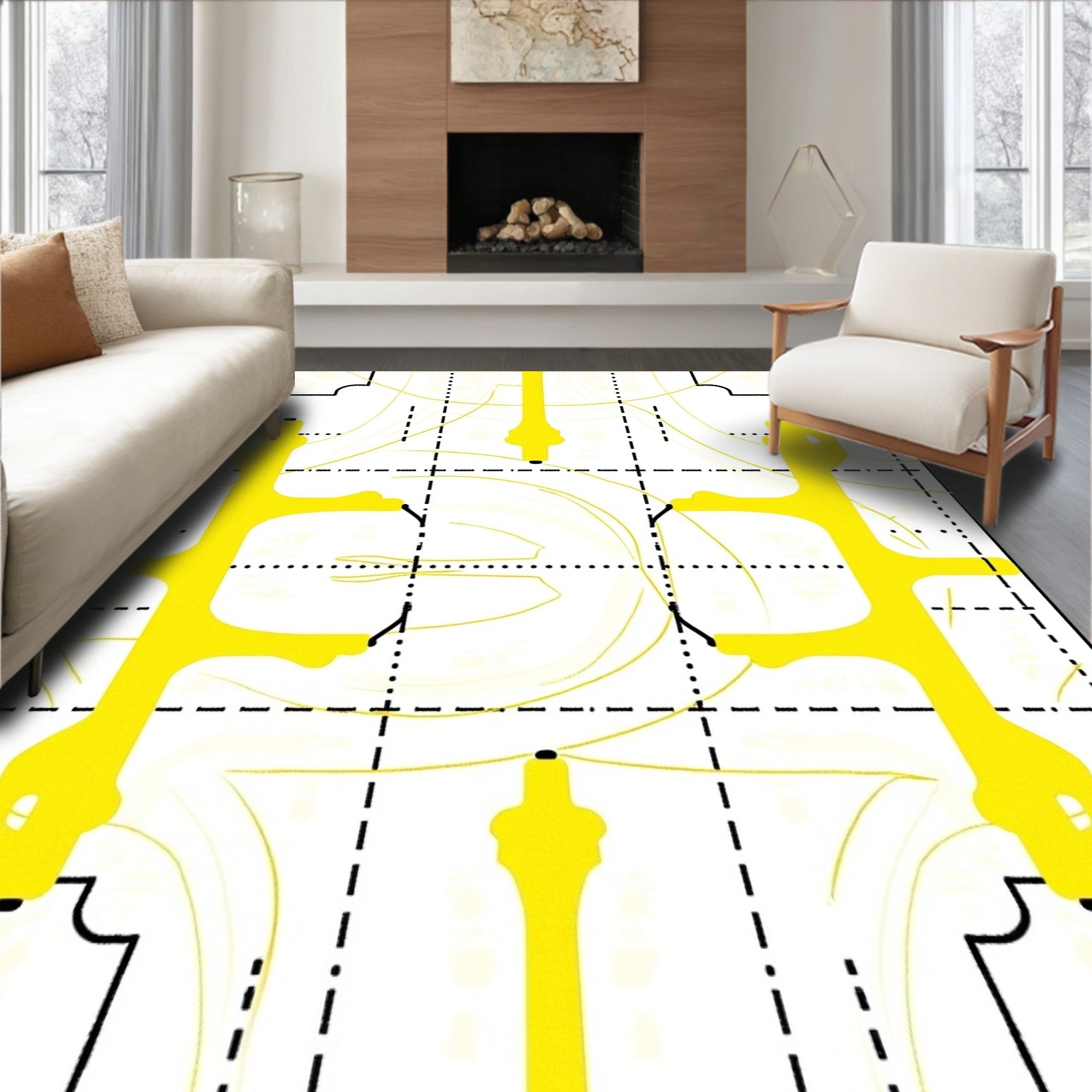 Bright Yellow Modern Abstract Symmetry Rug
