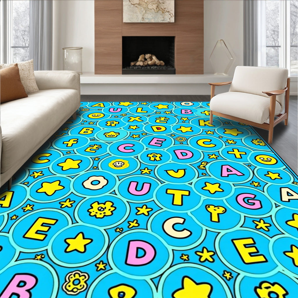 Whimsical Alphabet Circles Yellow Stars Rug