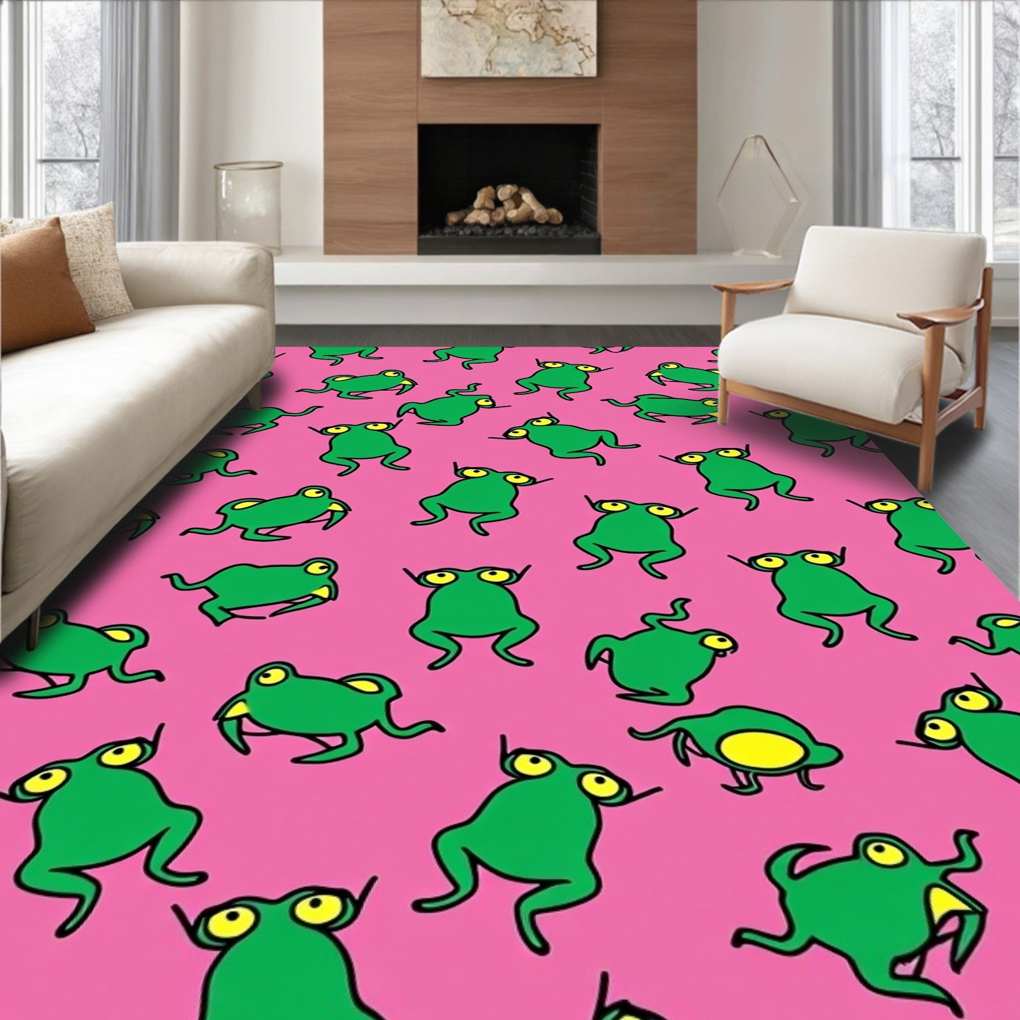 Playful Green Frogs Pink Background Rug