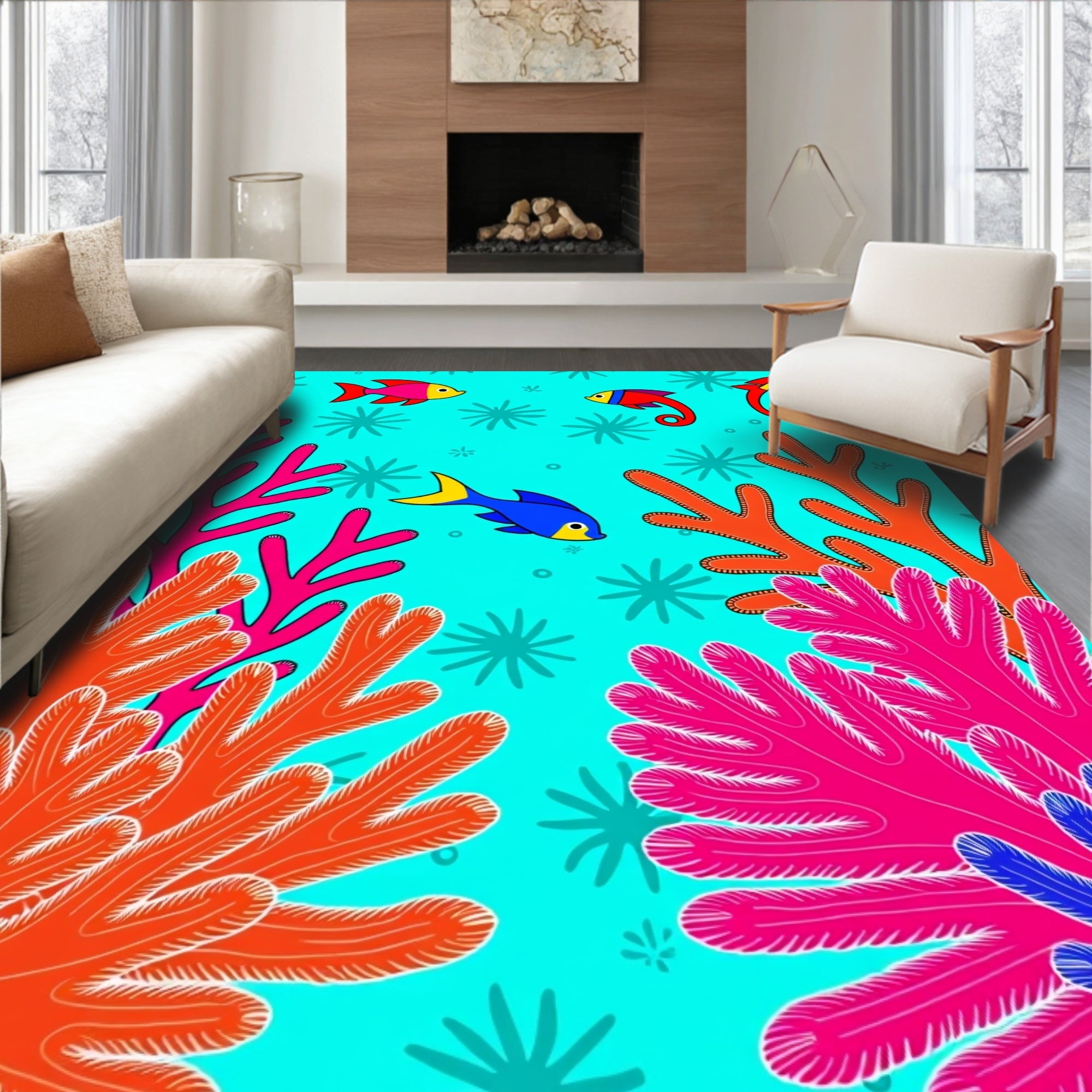 Vibrant Coral Fish Aquatic Scene Rug