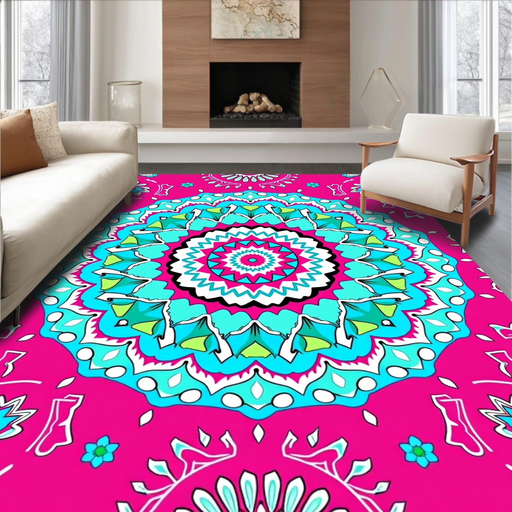Vibrant Pink Turquoise Mandala Bloom Rug