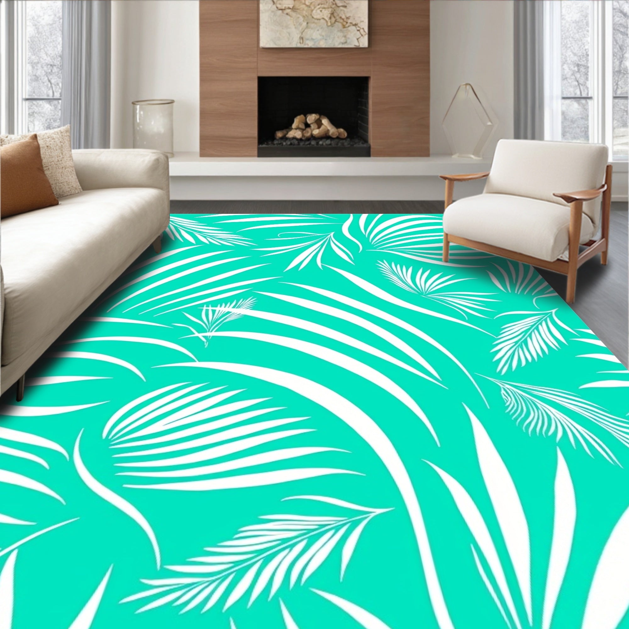 Bright Teal Palm Frond Lush Rug