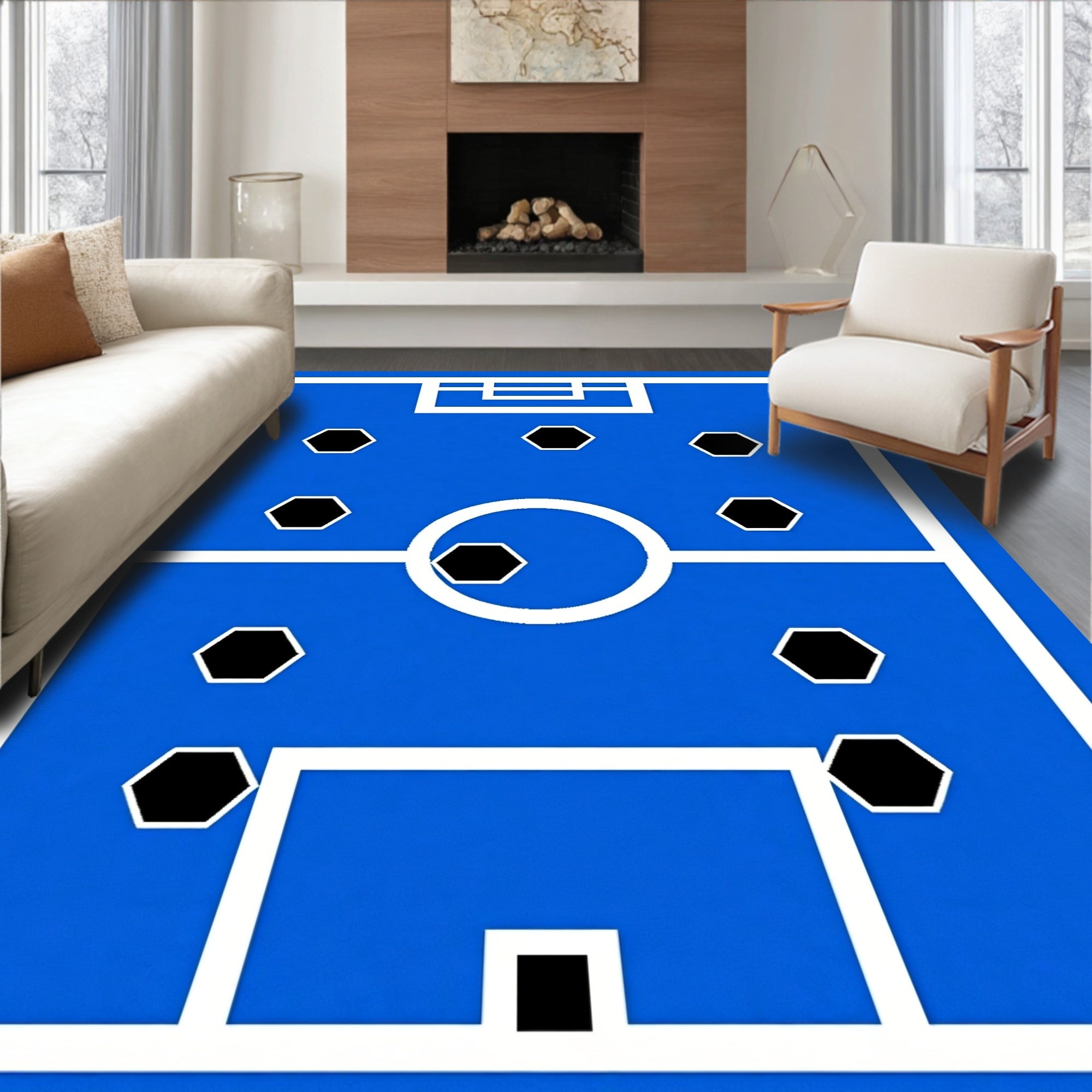 Blue White Hexagon Soccer Field Rug