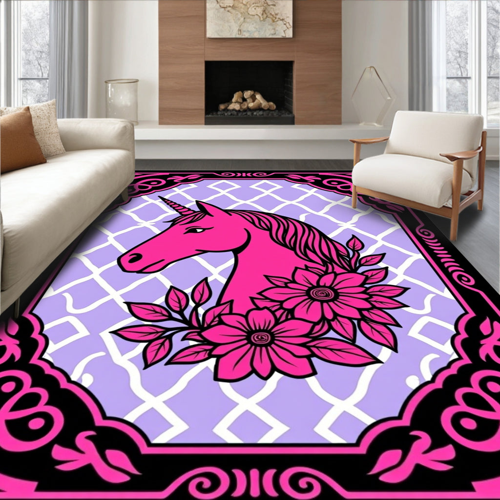 Vibrant Pink Unicorn Floral Lattice Frame Rug