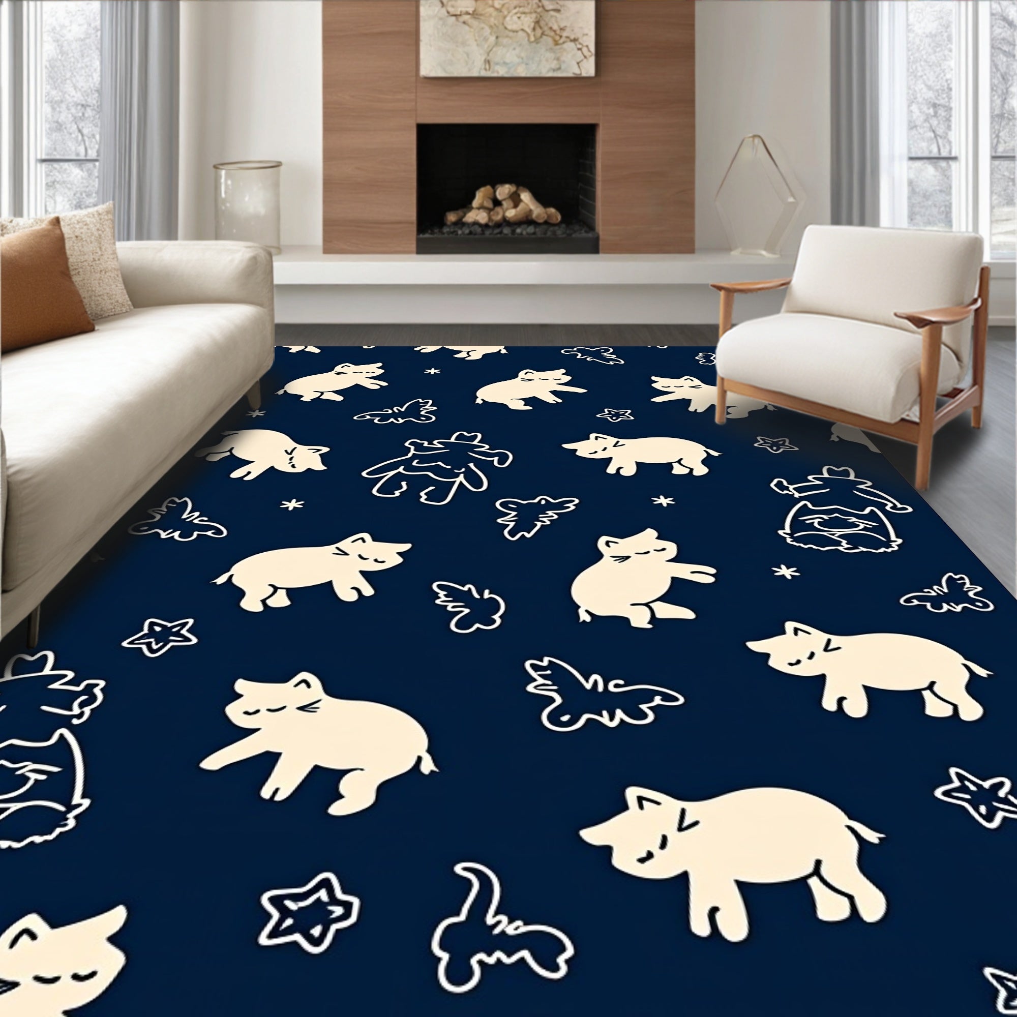 Cream Kittens And Stars Navy Rug