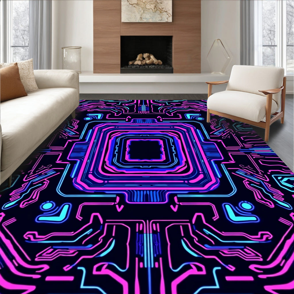 Cyberpunk Neon Circuit Board Rug
