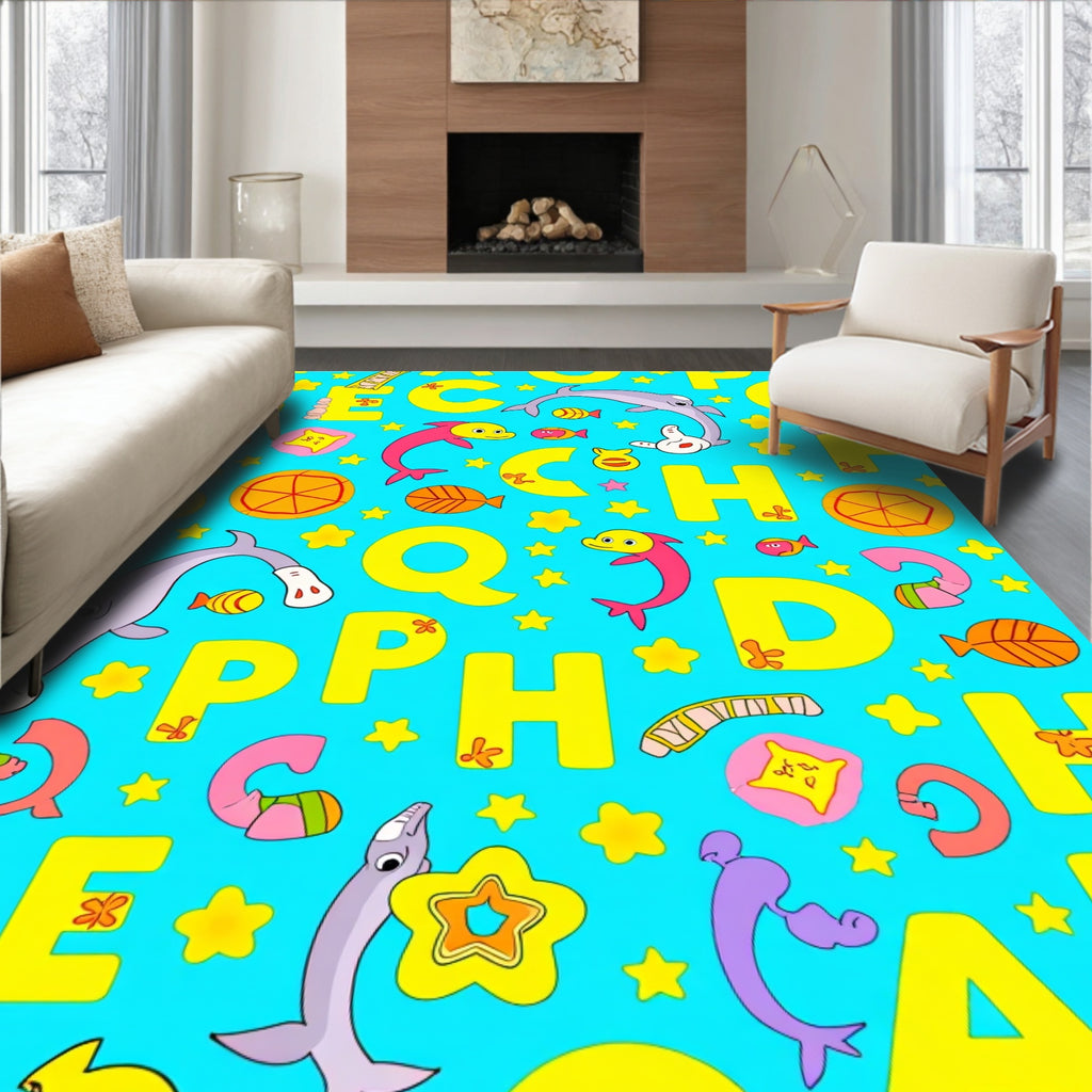 Playful Alphabet Dolphins Starry Background Rug