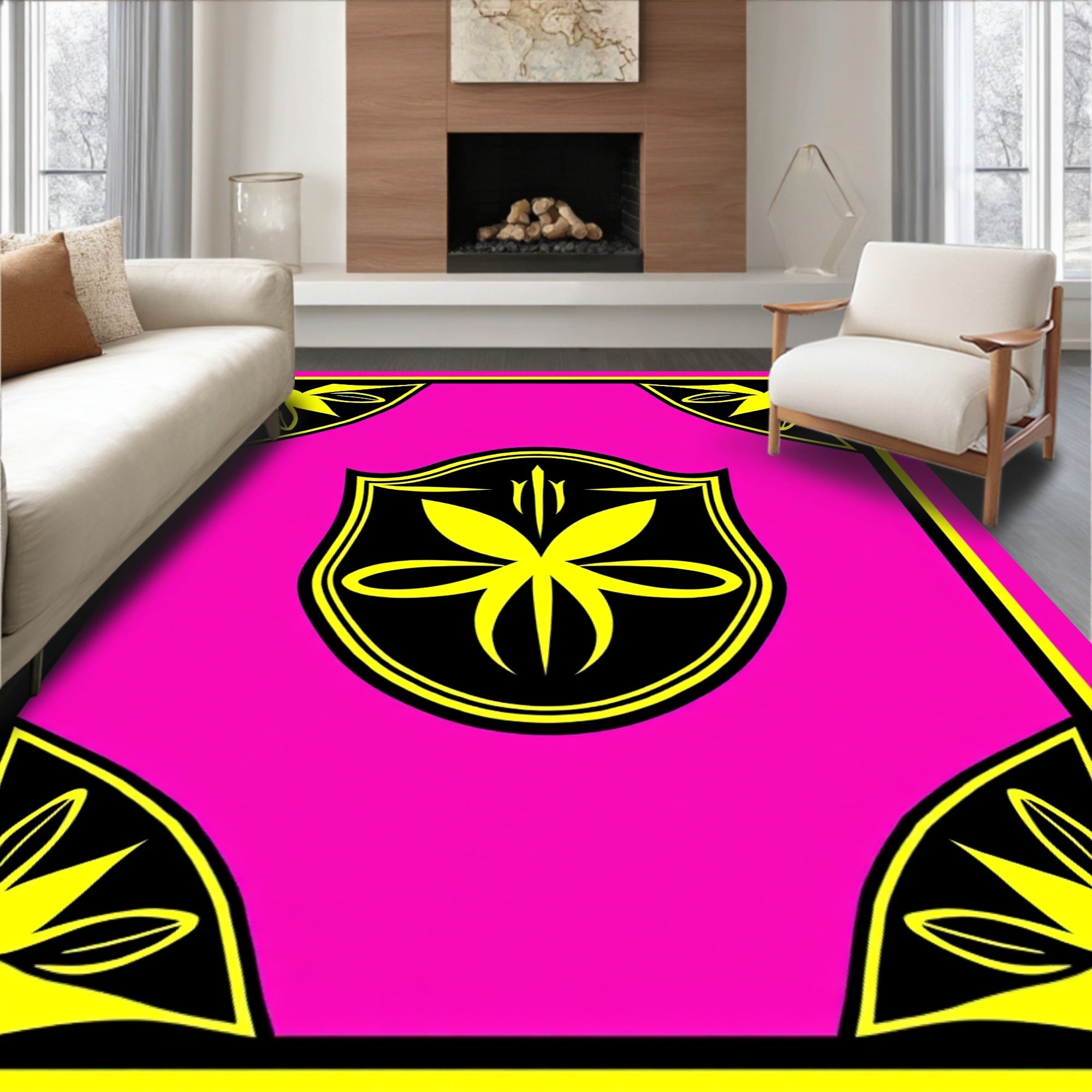 Vibrant Pink Yellow Crest Shield Rug
