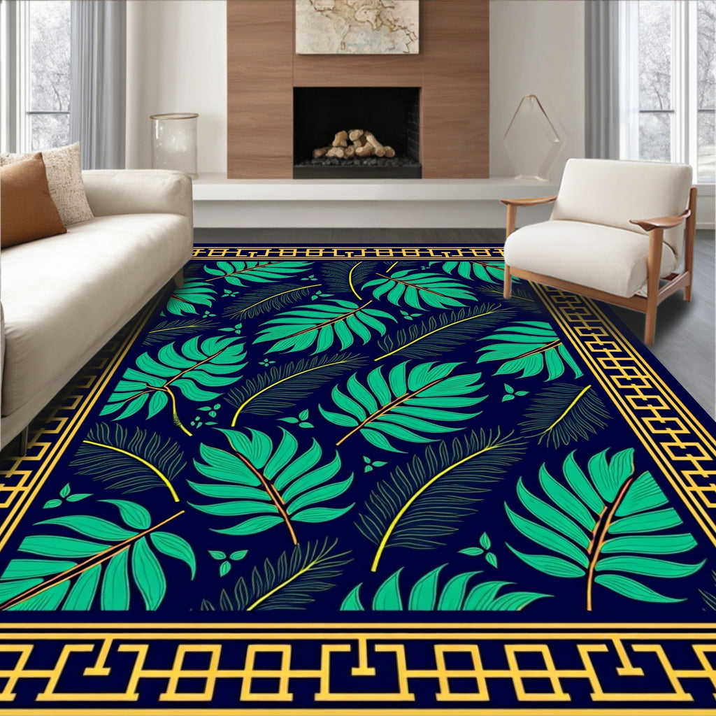 Tropical Navy Green Leaf Border Rug