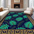 Tropical Navy Green Leaf Border Rug