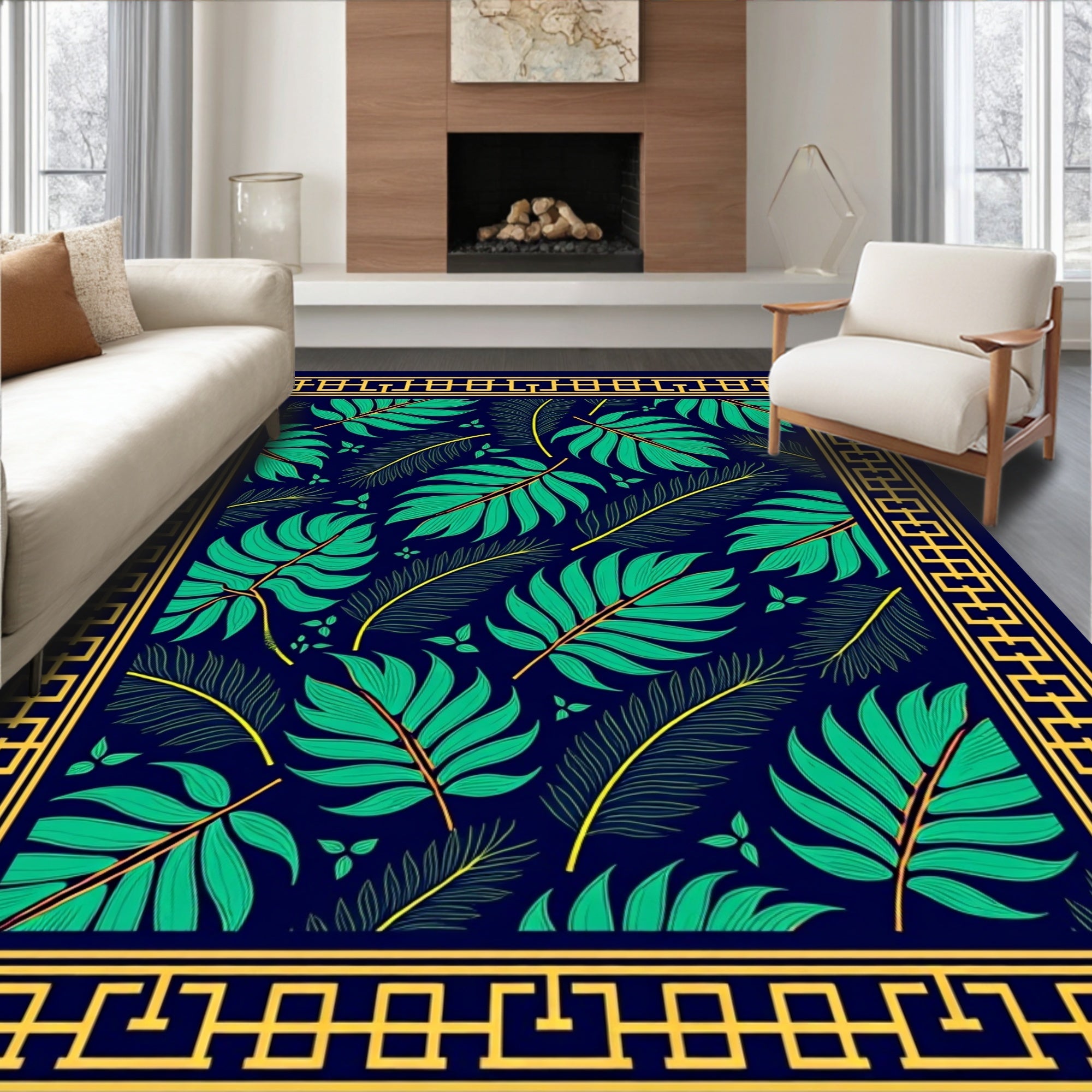 Tropical Navy Green Leaf Border Rug